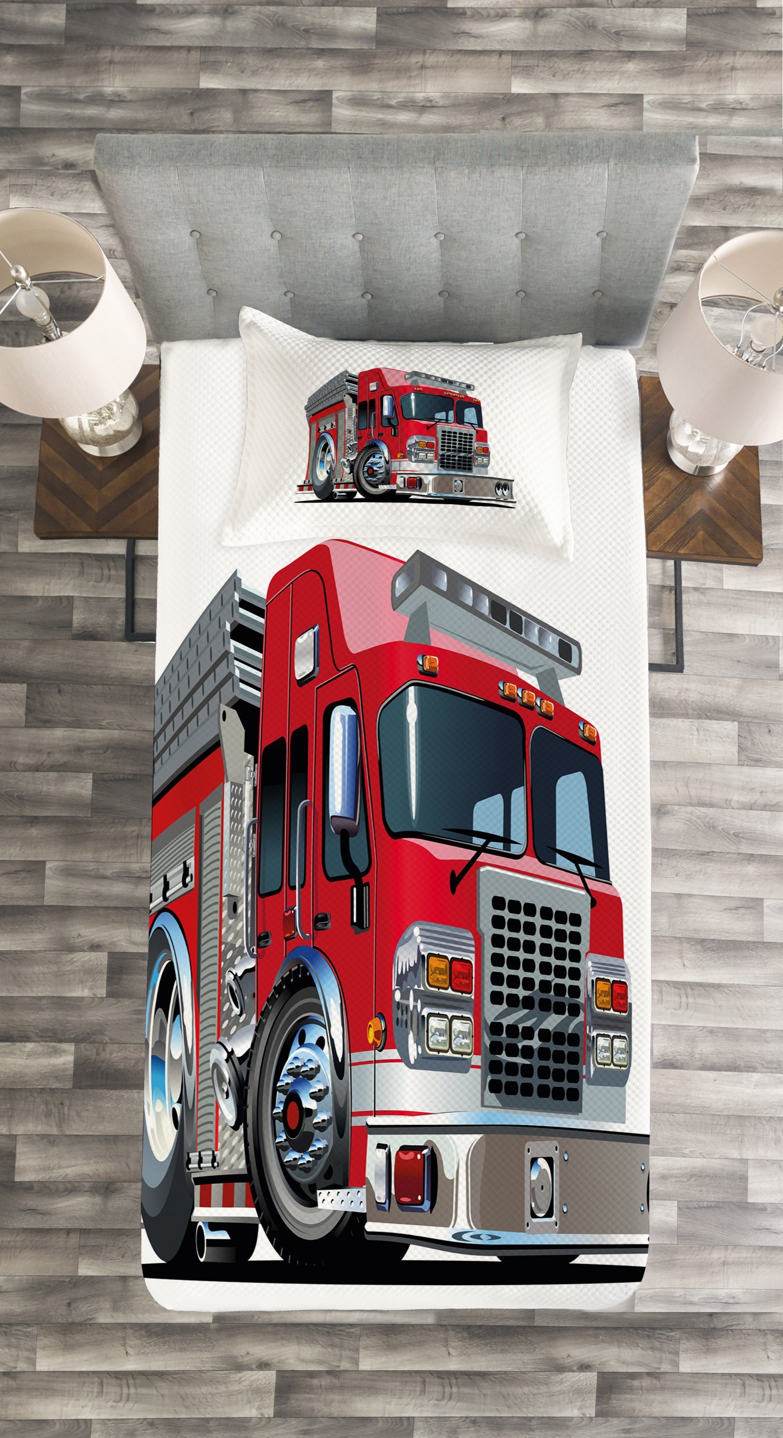 Feuerwehrmann Set Waschbar, Abakuhaus, LKW Kissenbezügen Tagesdecke Cartoon-Stil mit