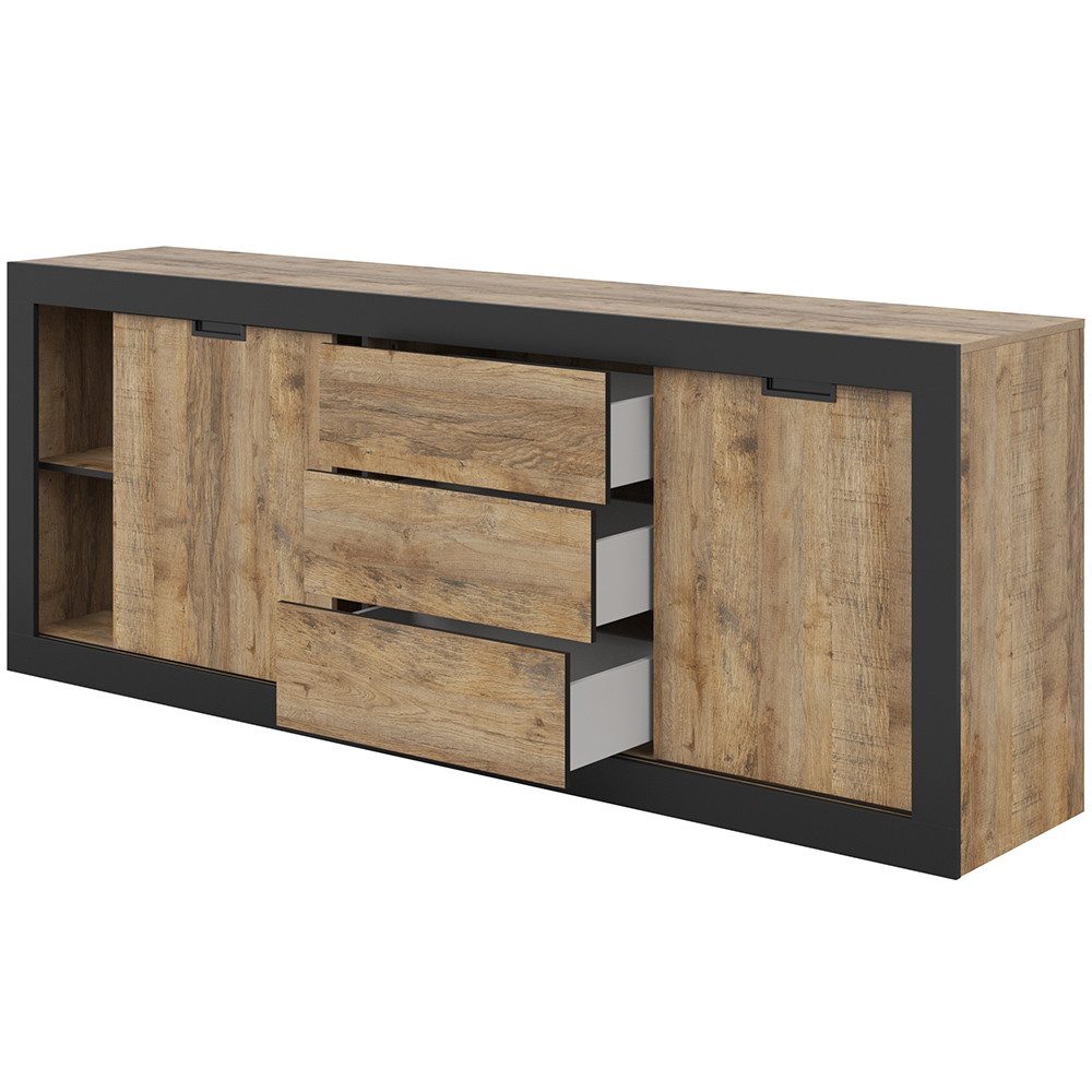 Lomadox Wohnzimmer-Set TOLOSA-83, (Mega-Spar-Set, 3-St., Couchtisch Lowboard Vitrine Sideboard), in Eiche mit Rahmen in Mattschwarz, Industrial Stil