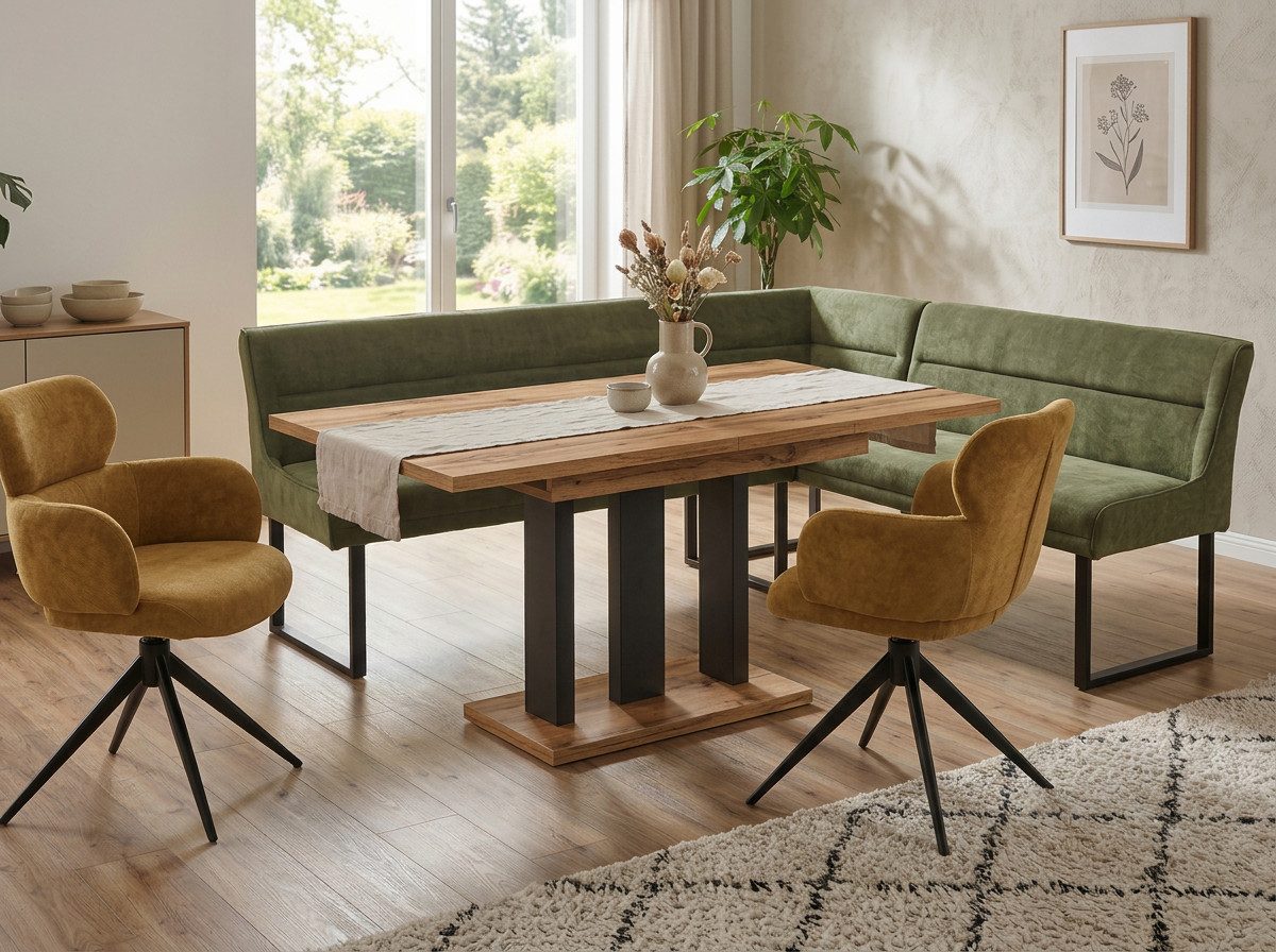 Endo-Moebel Eckbankgruppe Eckbankgruppe Esstisch ausziehbar 2 Stühle Eckbank Farbauswahl Set, (Eckbankgruppe, Eckbankgruppe inklusive Eckbank, Tisch und 2 Drehstühlen), Chenille 310 g/m², 360° Drehstühle, Auto-Return, Synchronauszug