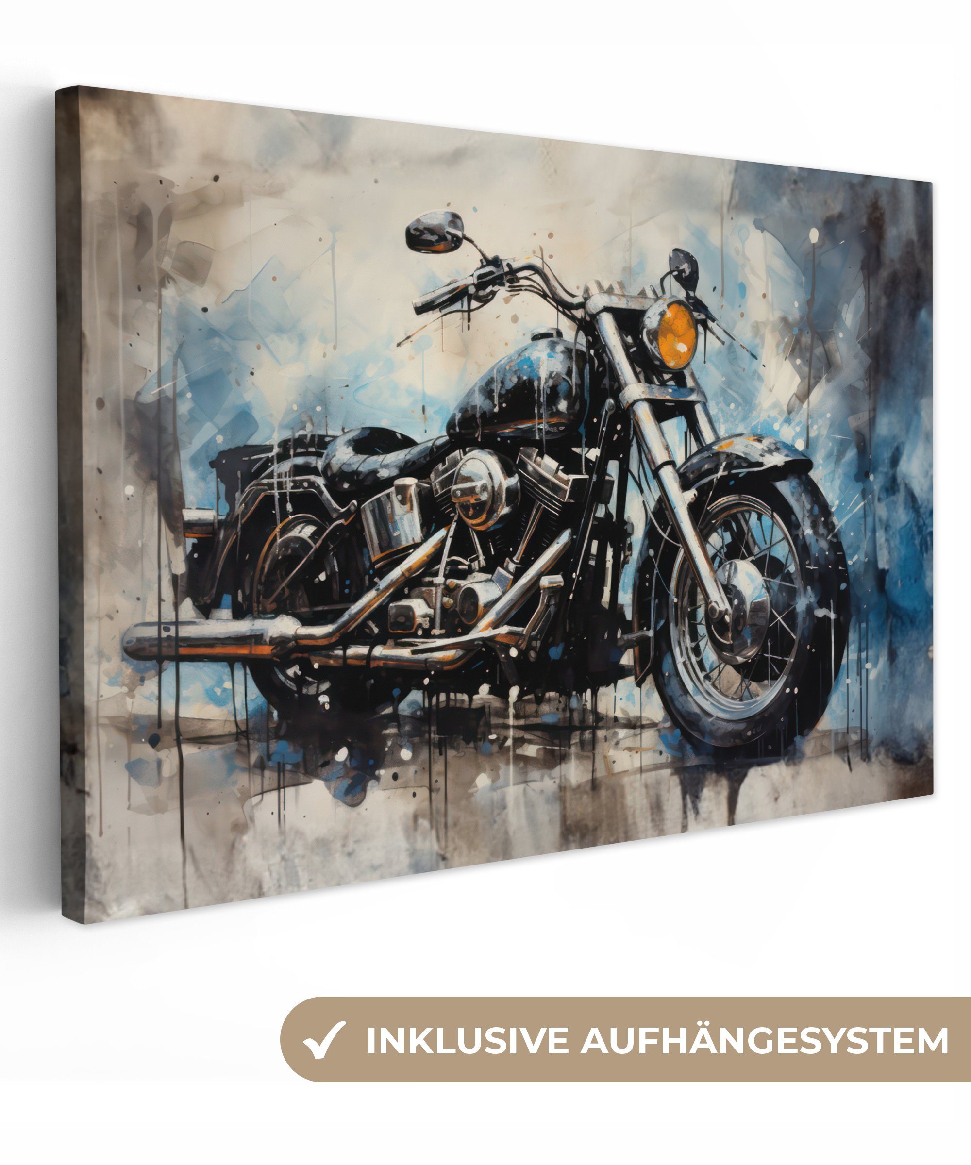 Leinwandbild Motorrad - Fahrrad - Blau - Pastell - Weiß