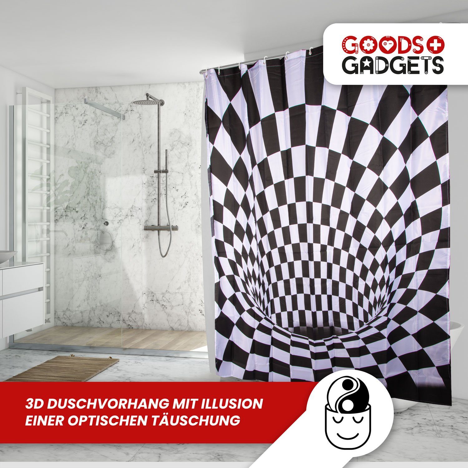 Goods+Gadgets Duschvorhang 3D Duschvorhang mit optischer Täuschung – Transparent & Anti-Schimmel (Transparent Diamonds, Weiß, Periodensystem, Facebook & Bambus Design), Anti-Schimmel Vorhang