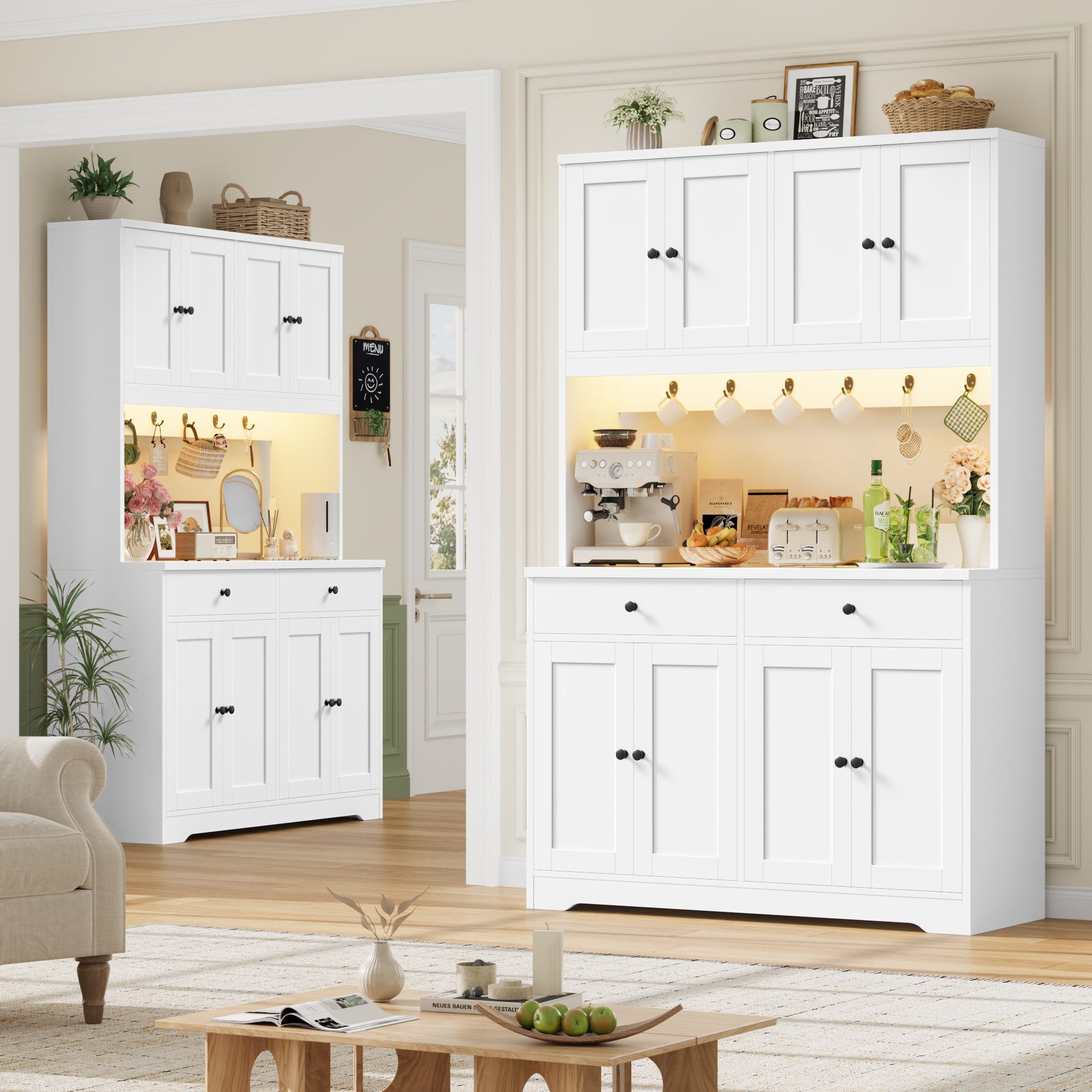 Homfa Küchenbuffet Küchenschrank Buffetschrank mit LED und Steckdosenleiste Sideboard mit Arbeitsplatte, 8 Türen und 2 Schubladen 178x106x38cm – Bild 2 von 5