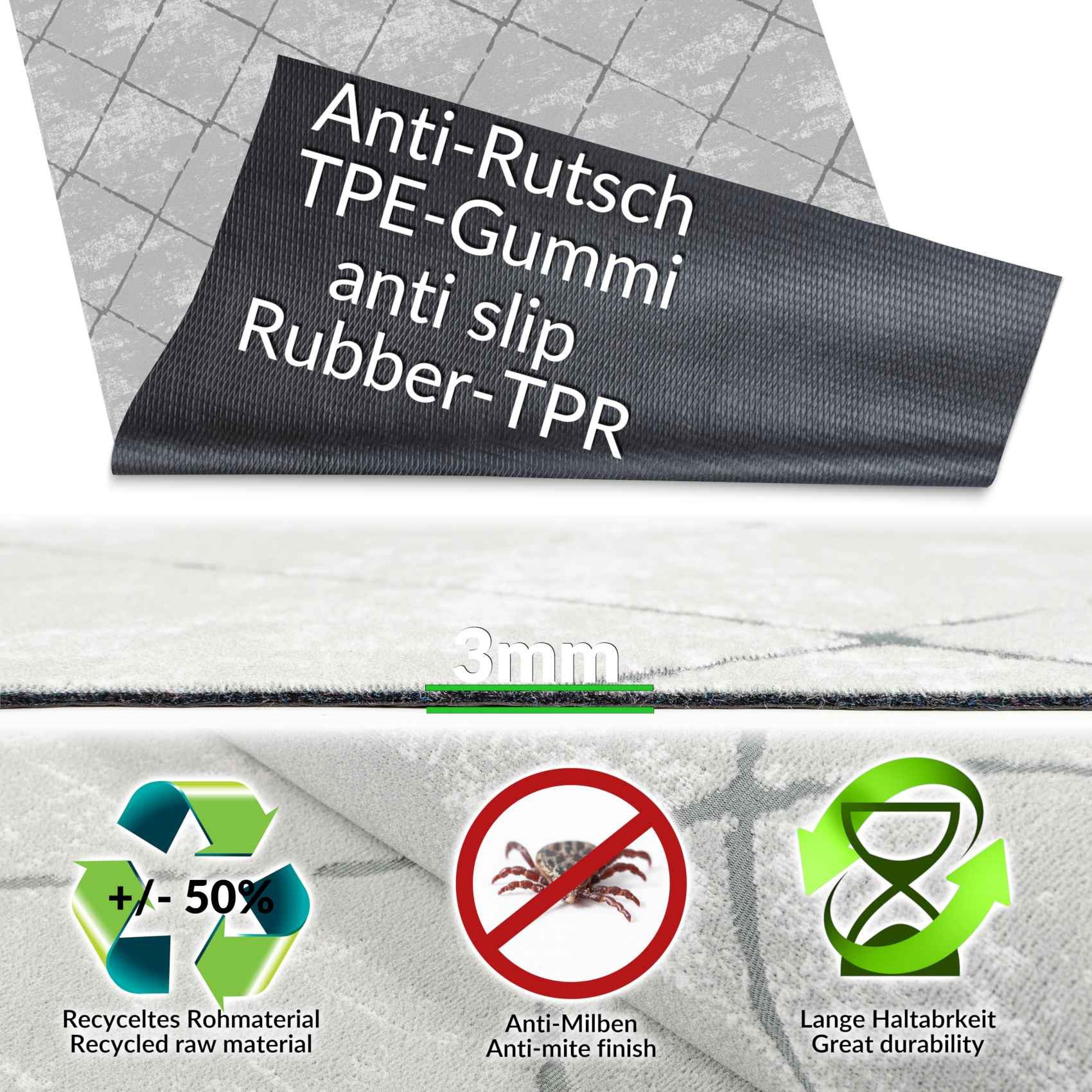 ANRO Küchenläufer AYDI Teppichläufer Premium Läufer Textil, Eckig, Bodenläufer 100x50cm Karo Grau pflegeleicht