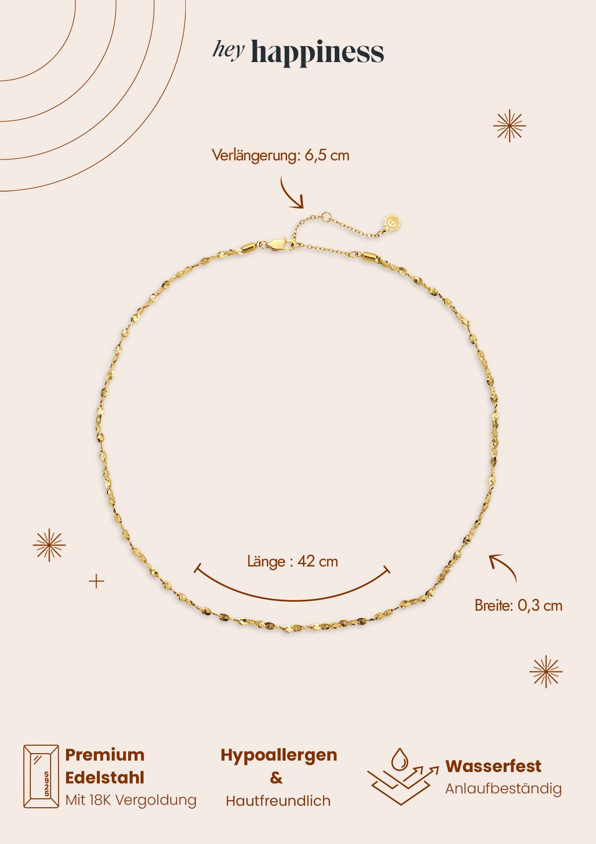 Hey Happiness Edelstahlkette gedrehte Singapurkette 18k vergoldet, Damen Halskette, wasserdicht, Länge 42 cm – Bild 4 von 5