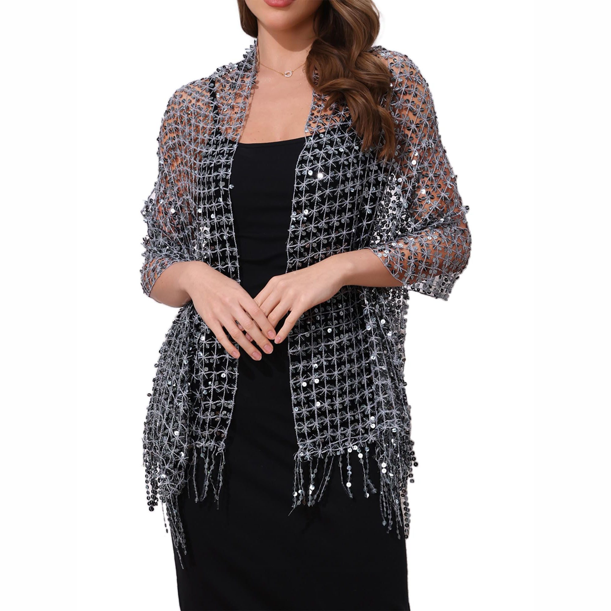 Zaewry Modeschal Damen Pailletten-Modeschal, Fransen- und Lochmuster-Schal, glänzender modeschal, ideal für Partys, Bälle und Hochzeiten.