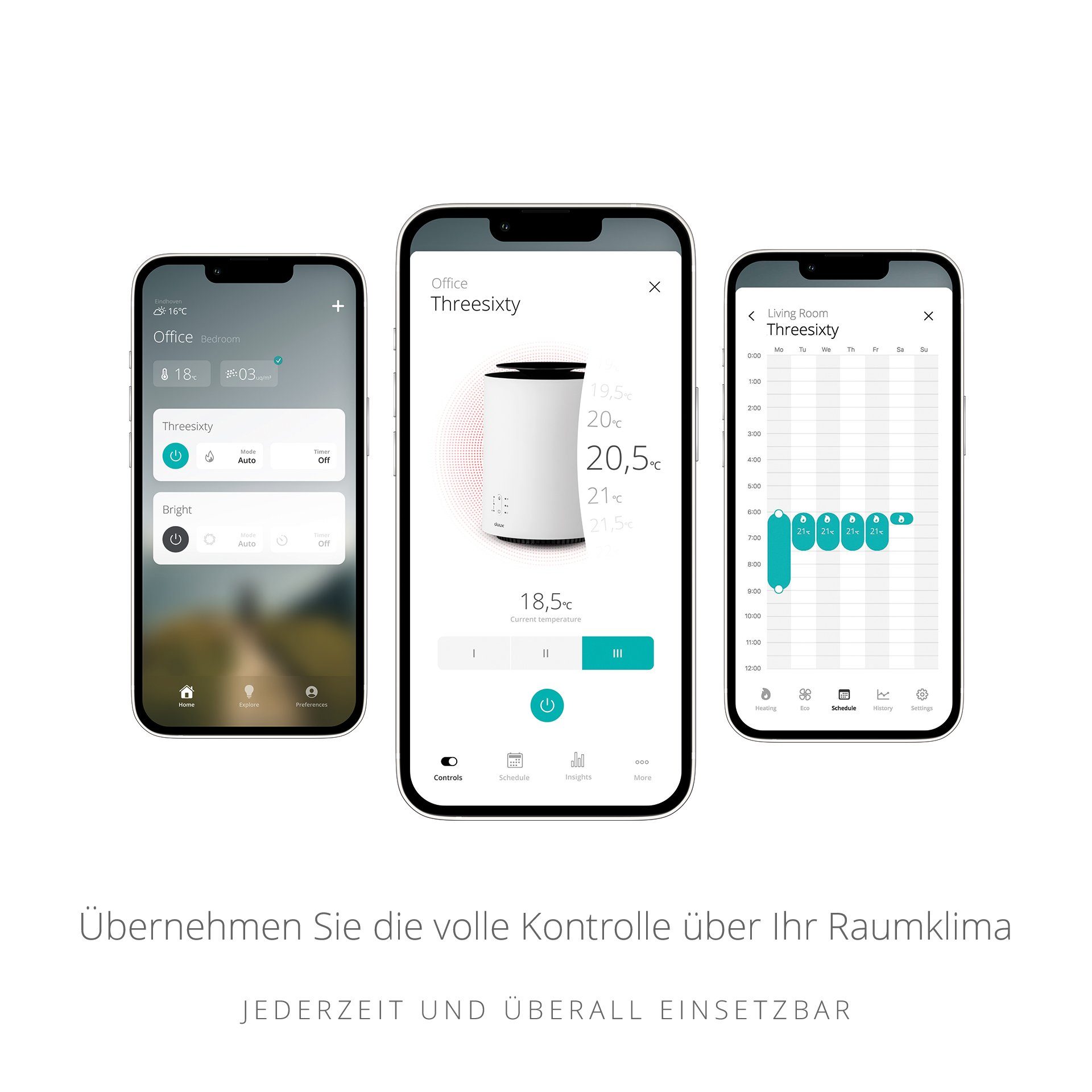 1.800 W, Weiß mit Steuerbar 360 Luftverteilung 2, Threesixty Grad Keramikheizlüfter Duux-App, DUUX