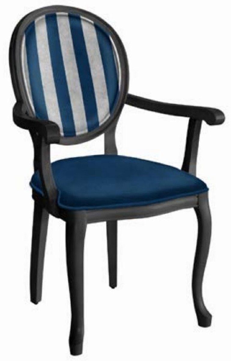 Casa Padrino Esszimmerstuhl Barock Esszimmerstuhl Blau / Silber / Schwarz - Handgefertigter Antik Stil Stuhl mit Armlehnen - Esszimmer Möbel im Barockstil