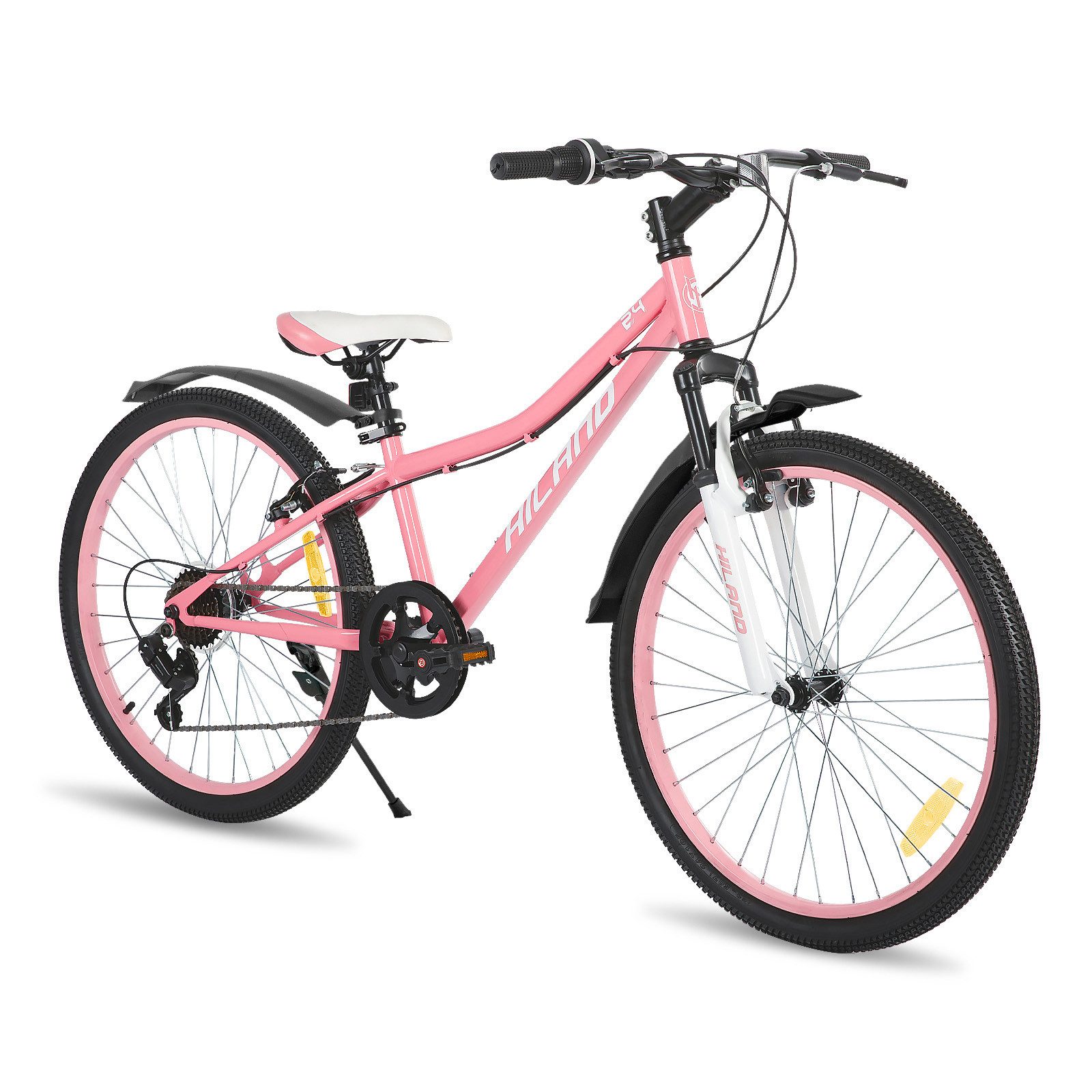 HILAND Mountainbike 24 Zoll Aluminium-Mountainbike mit 7-Gang, Federgabel und V-Bremse, mit Federgabel 7 Gang, V-Bremse, Hochwertiger Rahmen