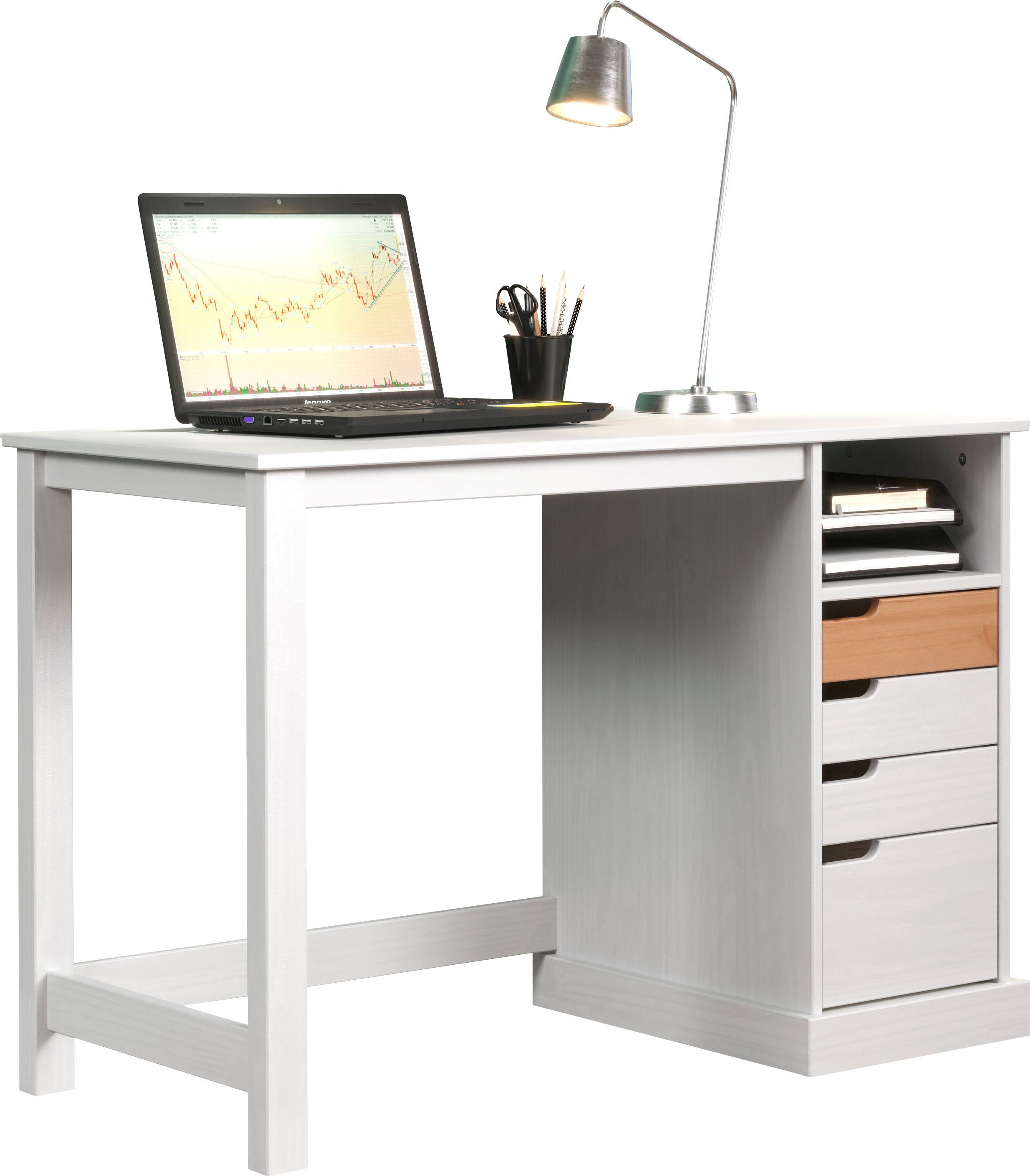 INTER-FURN Schreibtisch Mestre, massivem und Kiefernholz Weiß/Honigfarben praktisch aus