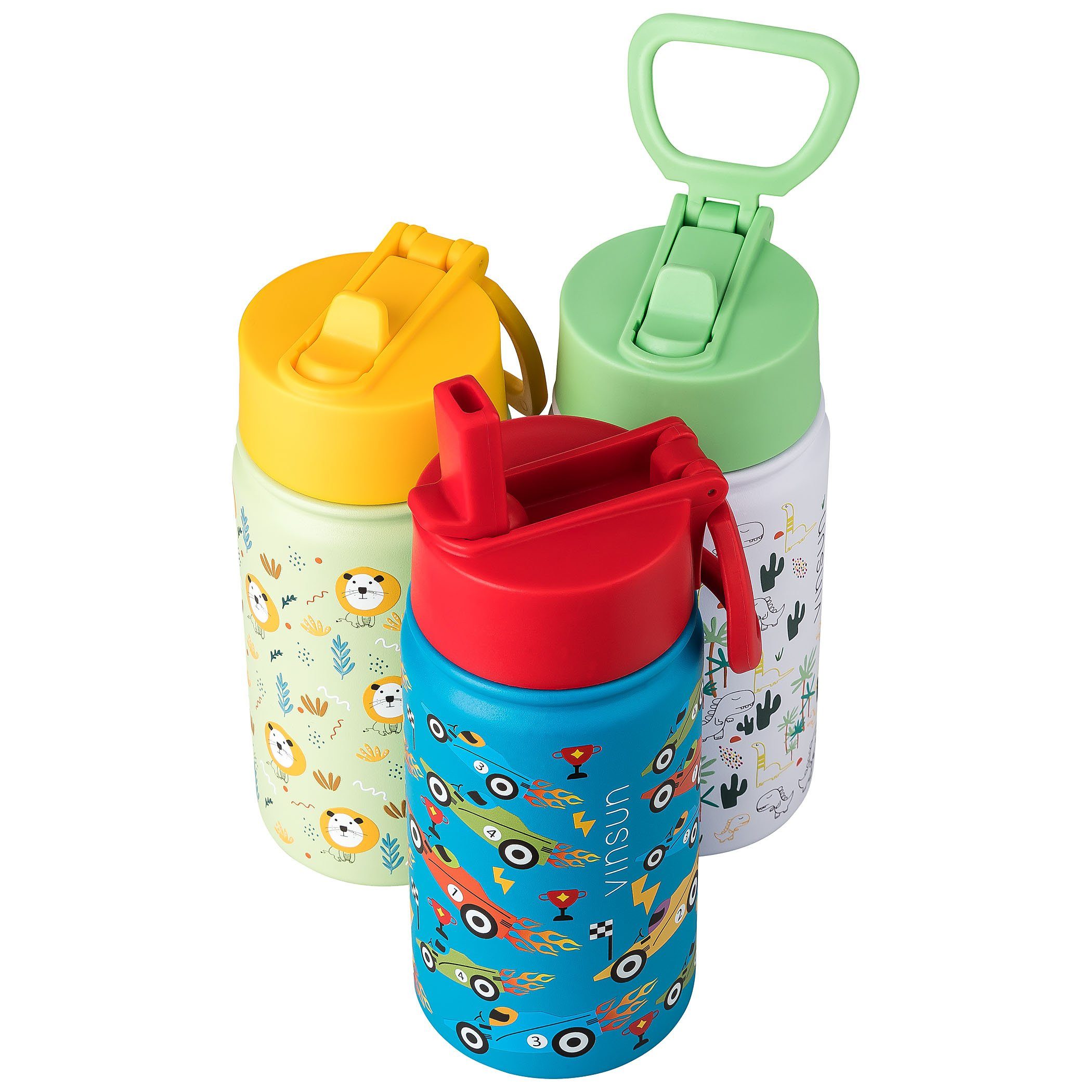 Vinsun Trinkflasche Trinkflasche Kinder 350ml - Auslaufsicher mit Strohhalm - Dinosaurier, BPA frei, auslaufsicher, bruchsicher, Geruchs- und Geschmacksneutral