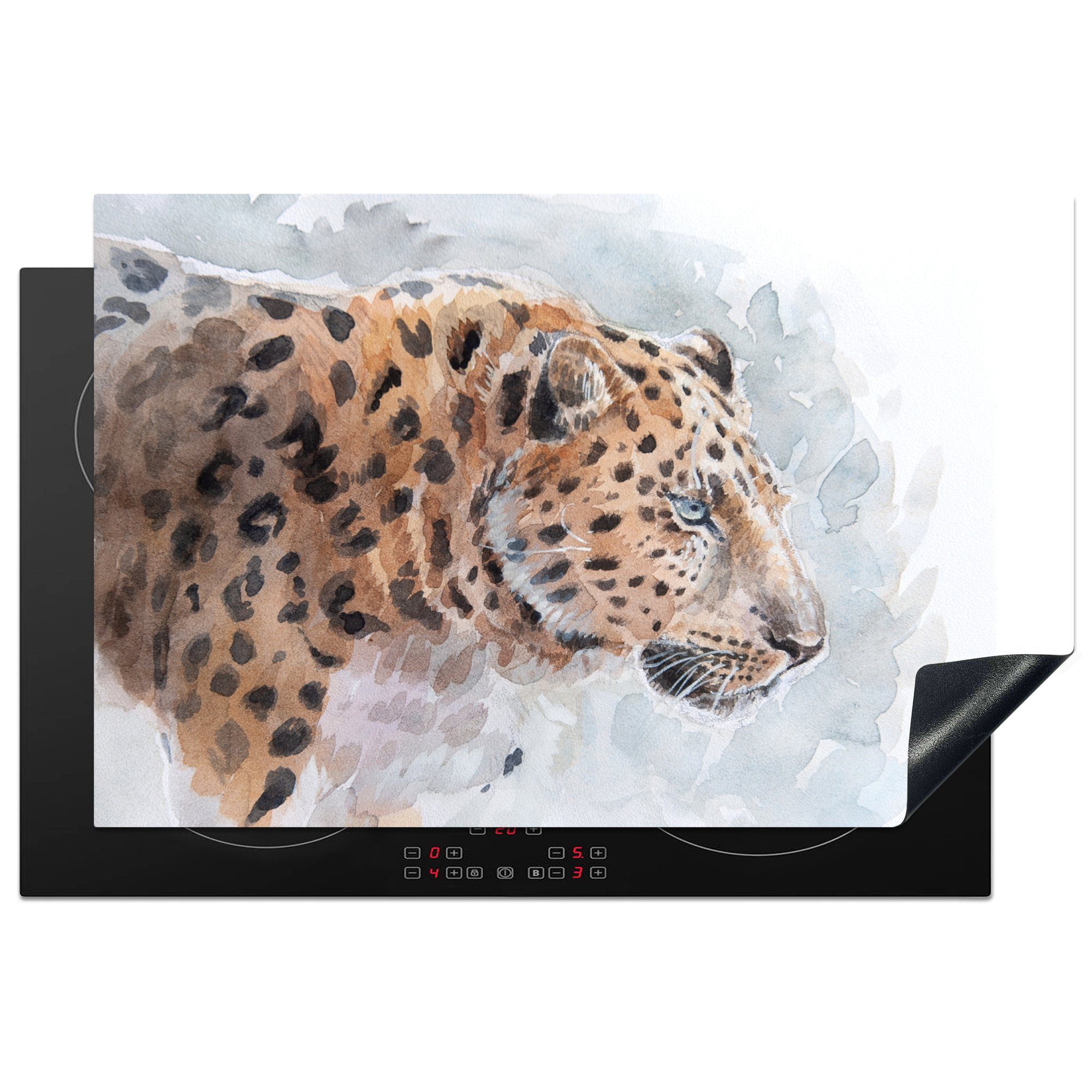 MuchoWow Herdblende-/Abdeckplatte Leopard - Aquarell - Blau, Vinyl, (1 tlg), 81x52 cm, Induktionskochfeld Schutz für die küche, Ceranfeldabdeckung