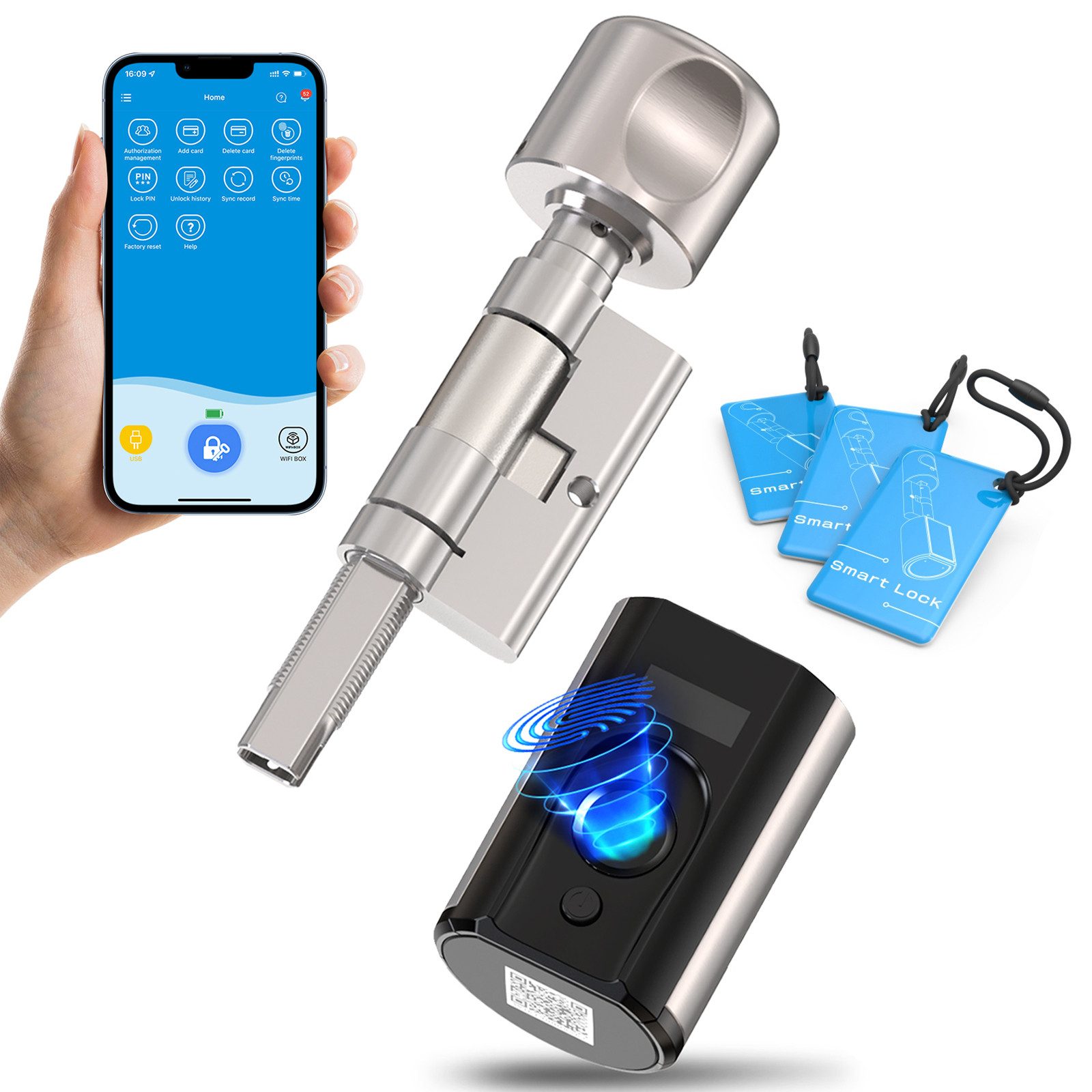 WE.LOCK Türschlossantrieb WELOCK Türschloss Fingerabdruck TOUCHEBL61 für 30-70mm Türen, (Packung, Smartes türschloss x1, RFID-Karte x3, Anleitung x1, Zubehörbox x1), Fingerabdruck, RFID-Karte, APP, USB-Entsperrung; einfache Installation