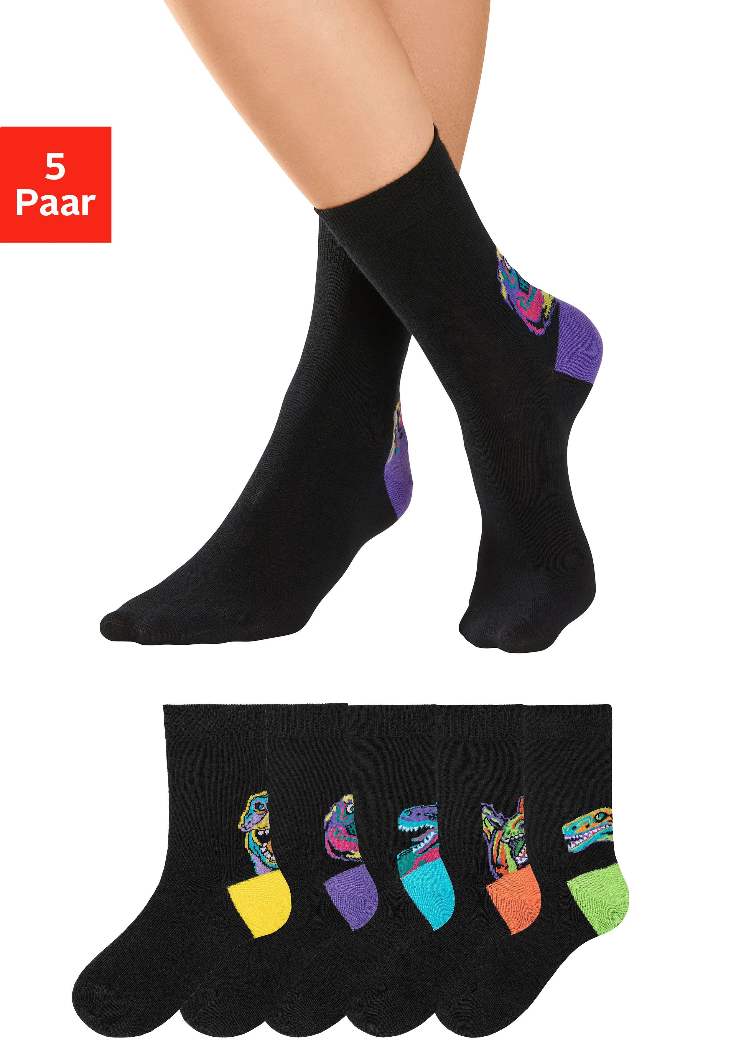 H.I.S Freizeitsocken (Packung, 5-Paar) mit farbenfrohen Dino Motive über der Ferse | Lange Socken