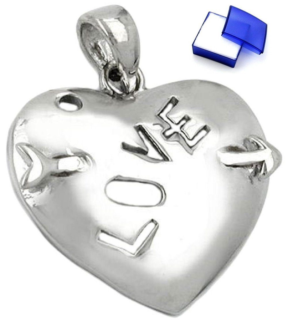 Silberschmuck inkl. mit - Herren Silber für Inschrift Schmuckbox, 21 mm unbespielt rhodiniert 21 Herz Anhänger Herzanhänger glänzend - und 925 Pfeil LOVE x Damen Kettenanhänger