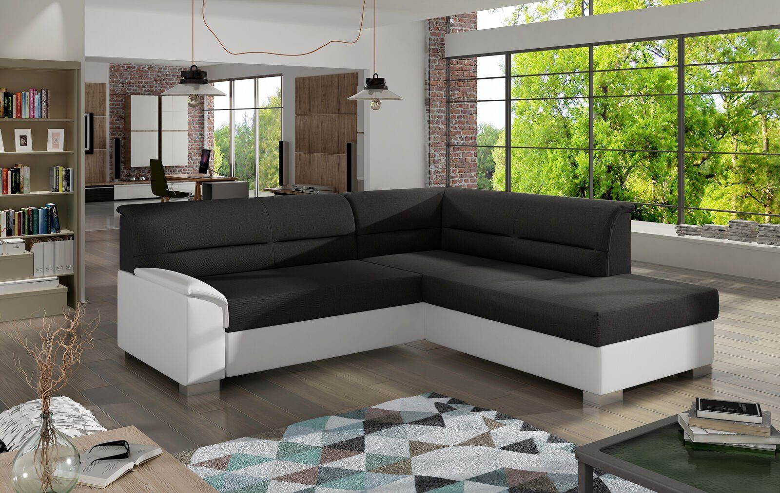 JVmoebel Ecksofa Design Ecksofa Schlafsofa Bettfunktion Couch Leder Textil Polster, Mit Bettfunktion Schwarz / Weiß