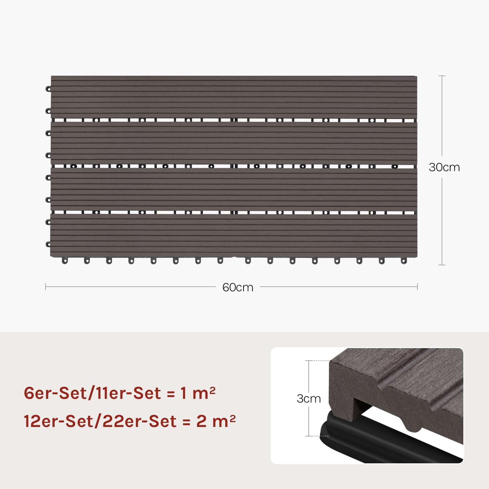 Woltu WPC-Fliesen, 6 St., Terrassendielen Holz-Optik 30x60cm mit klicksystem