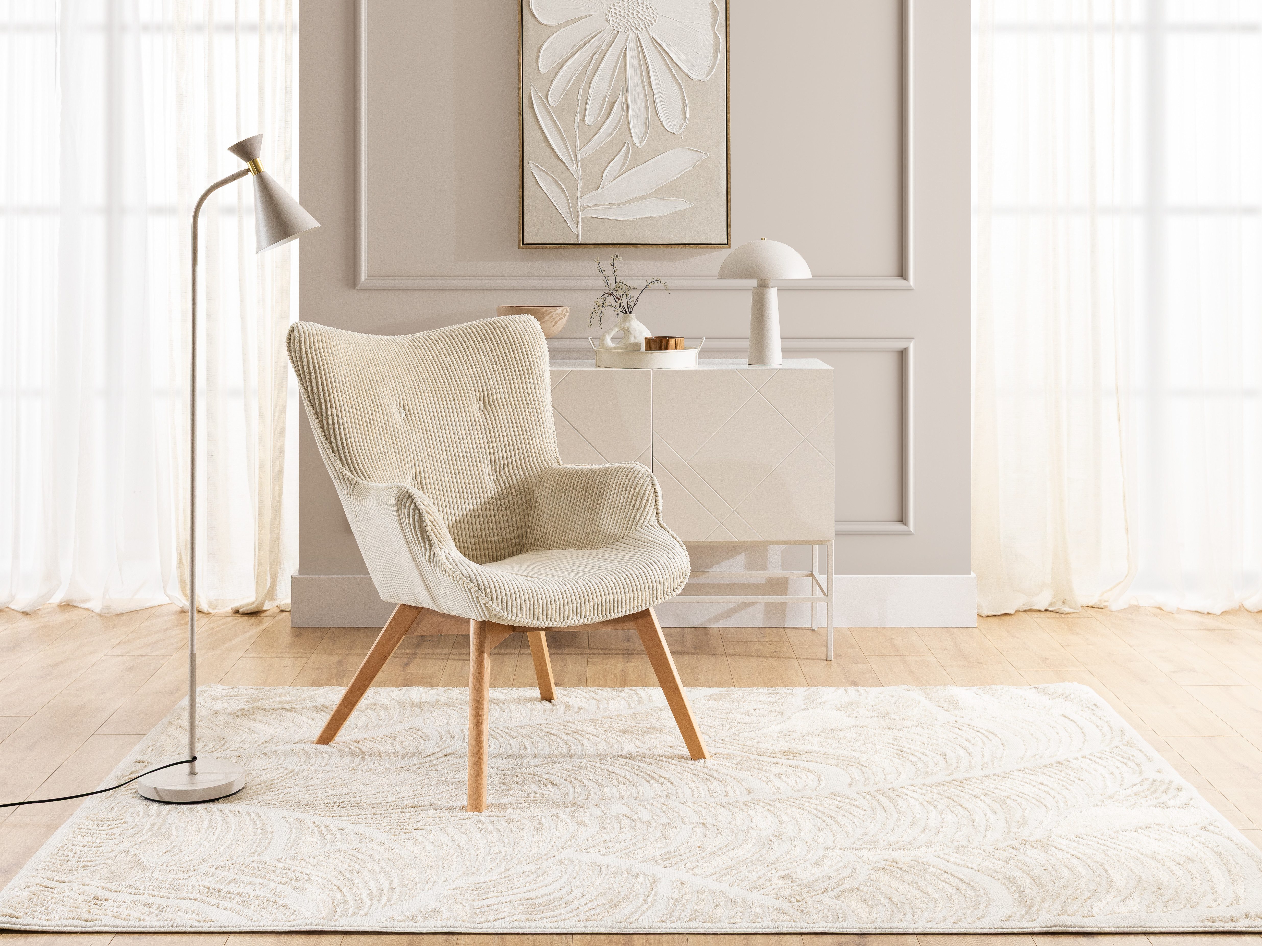 S-Style Möbel Loungesessel mit Fußhocker Lenari aus Cordstoff mit Füßen aus Massivholz (1 x Lounge-Sessel, 1 x Hocker)