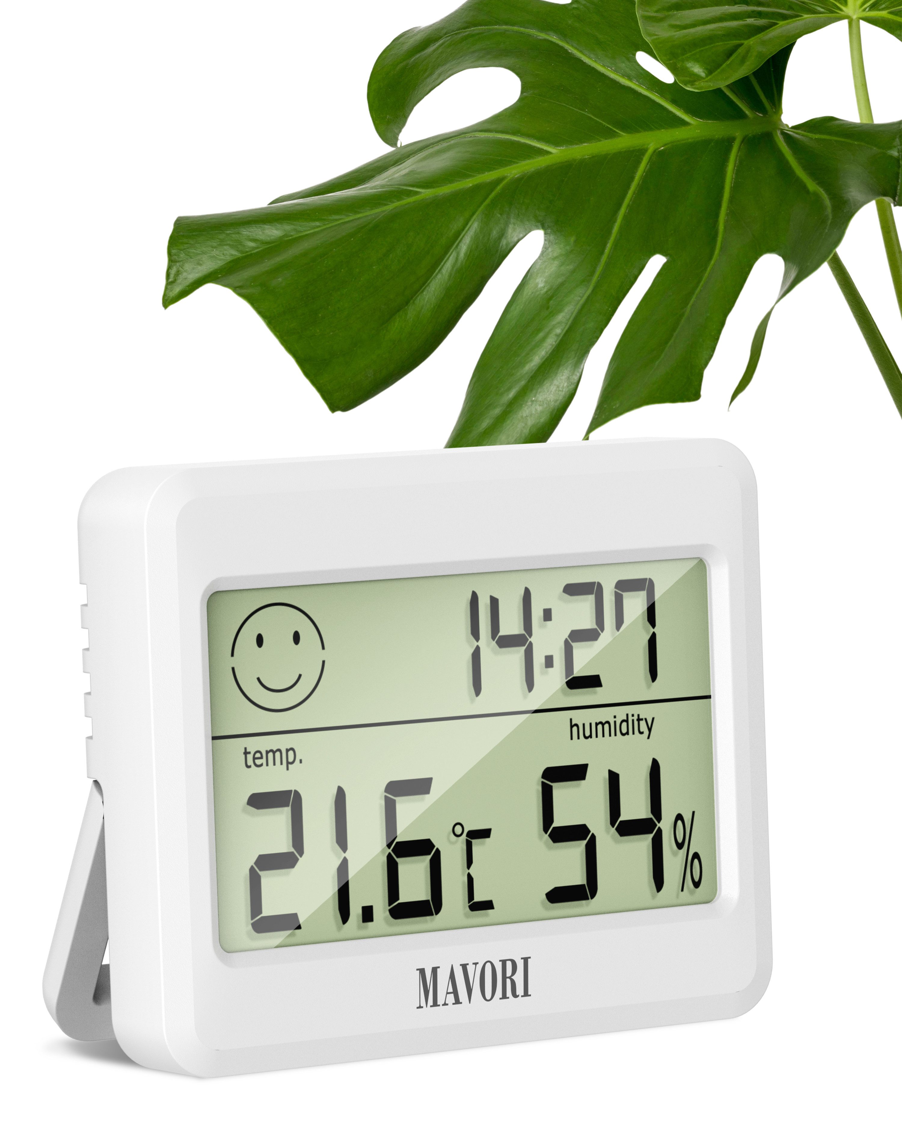 MAVORI Hygrometer und Thermometer digital mit Uhr - sehr zuverlässig, (1-St., Hygrometer und Thermometer mit Uhr, Batterie, Bedienungsanleitung), Thermometer mit Luftfeuchtigkeit und Uhrzeit inkl. Komforindikator