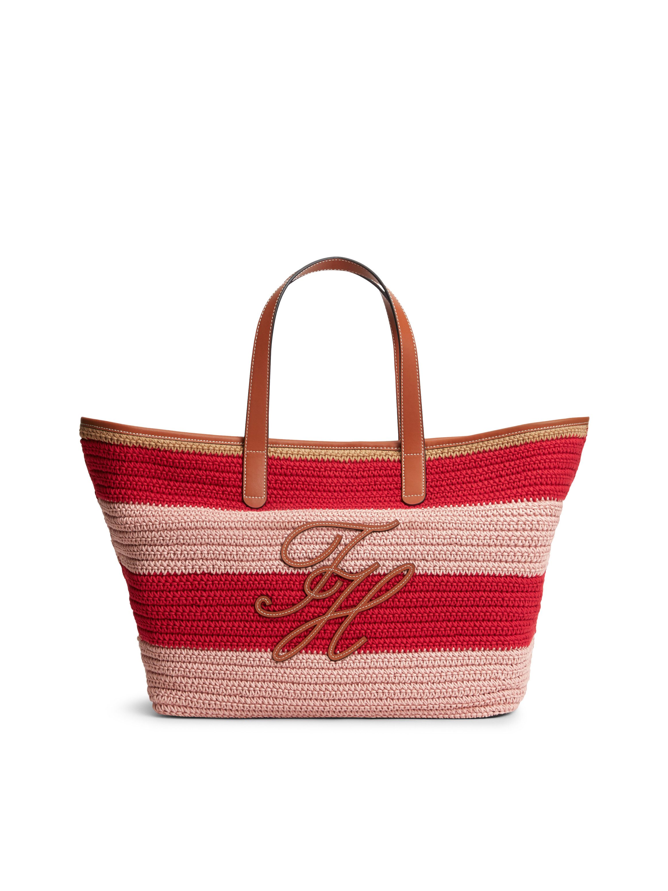 Tommy Hilfiger Tragetasche TH NAUTICAL TOTE CROCHET STR, Damen Strandtasche mit Streifen und Logoschriftzug