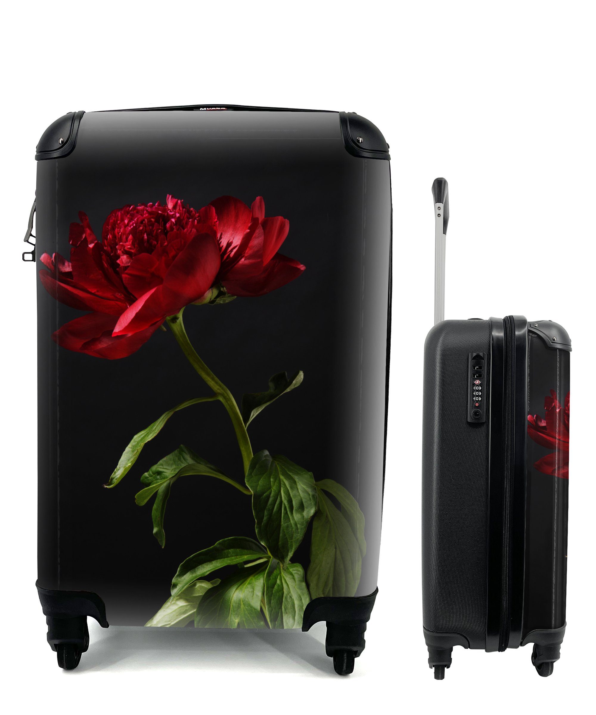 MuchoWow Handgepäckkoffer Eine einzelne rote Pfingstrose mit schwarzem Hintergrund, 4 Rollen, Reisetasche mit rollen, Handgepäck für Ferien, Trolley, Reisekoffer