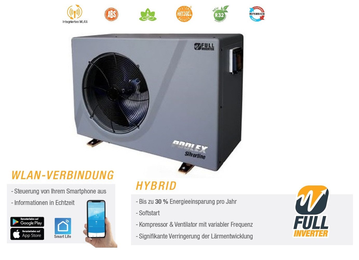 POOLEX Pool-Wärmepumpe Poolex Silverline 11,3 KW Wärmepumpe Full Inverter-Wlan 45-60QBM