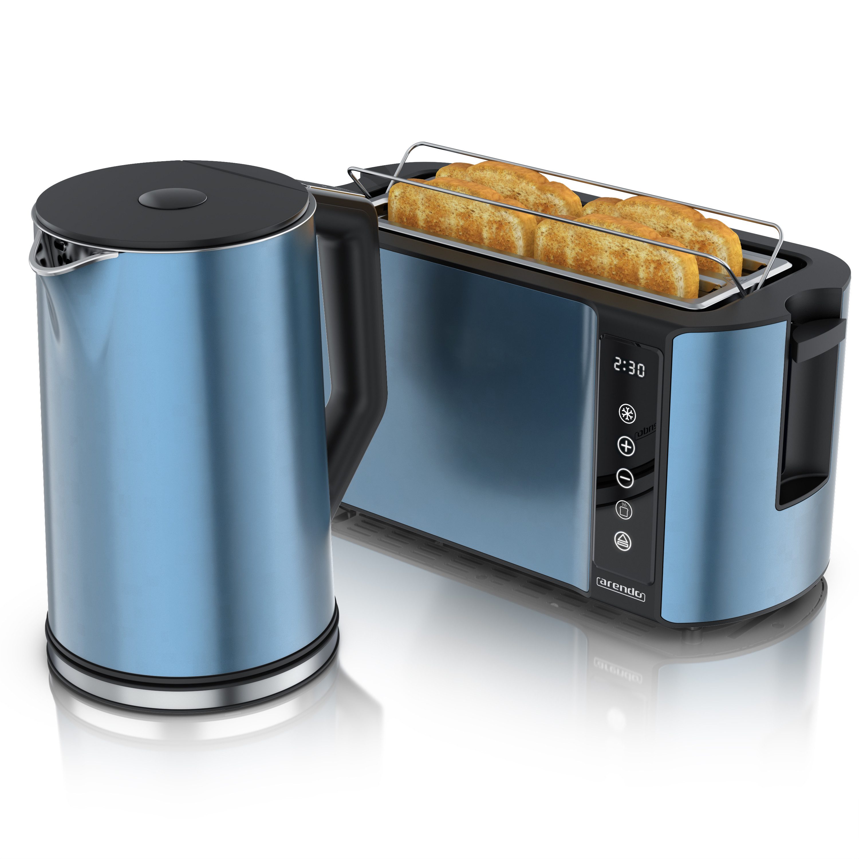 Arendo Toaster Frühstücksset Wasserkocher + 4-Scheiben-Toaster blau, 2 lange Schlitze, für 4 Scheiben, 1500 W, Langschlitz, Brötchenaufsatz, Brotscheibenzentrierung, Touchpanel
