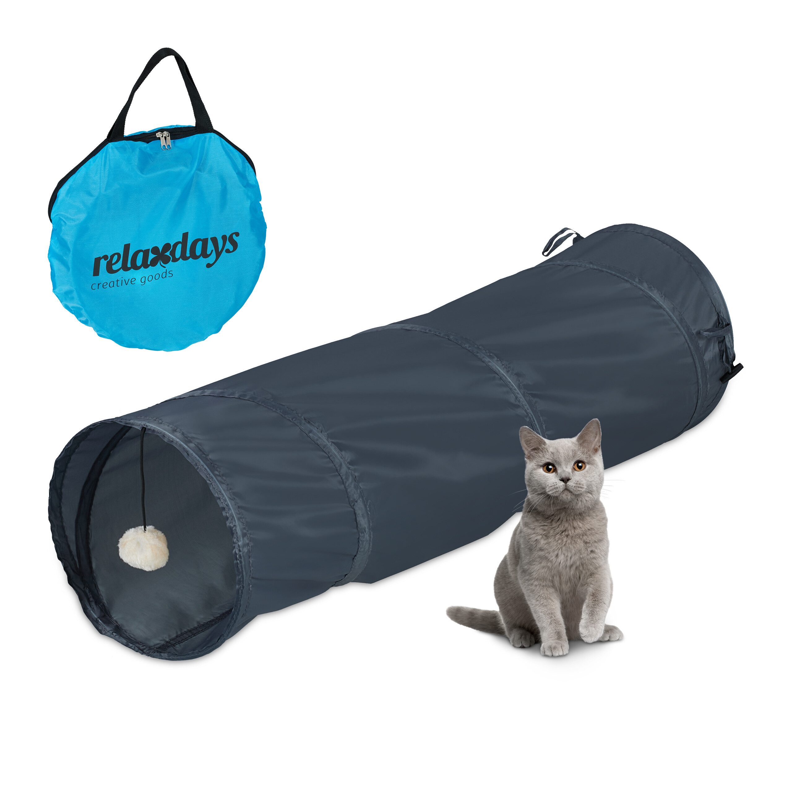 relaxdays Kleintiertunnel Faltbarer Katzentunnel mit Spielzeug, Polyester, grau