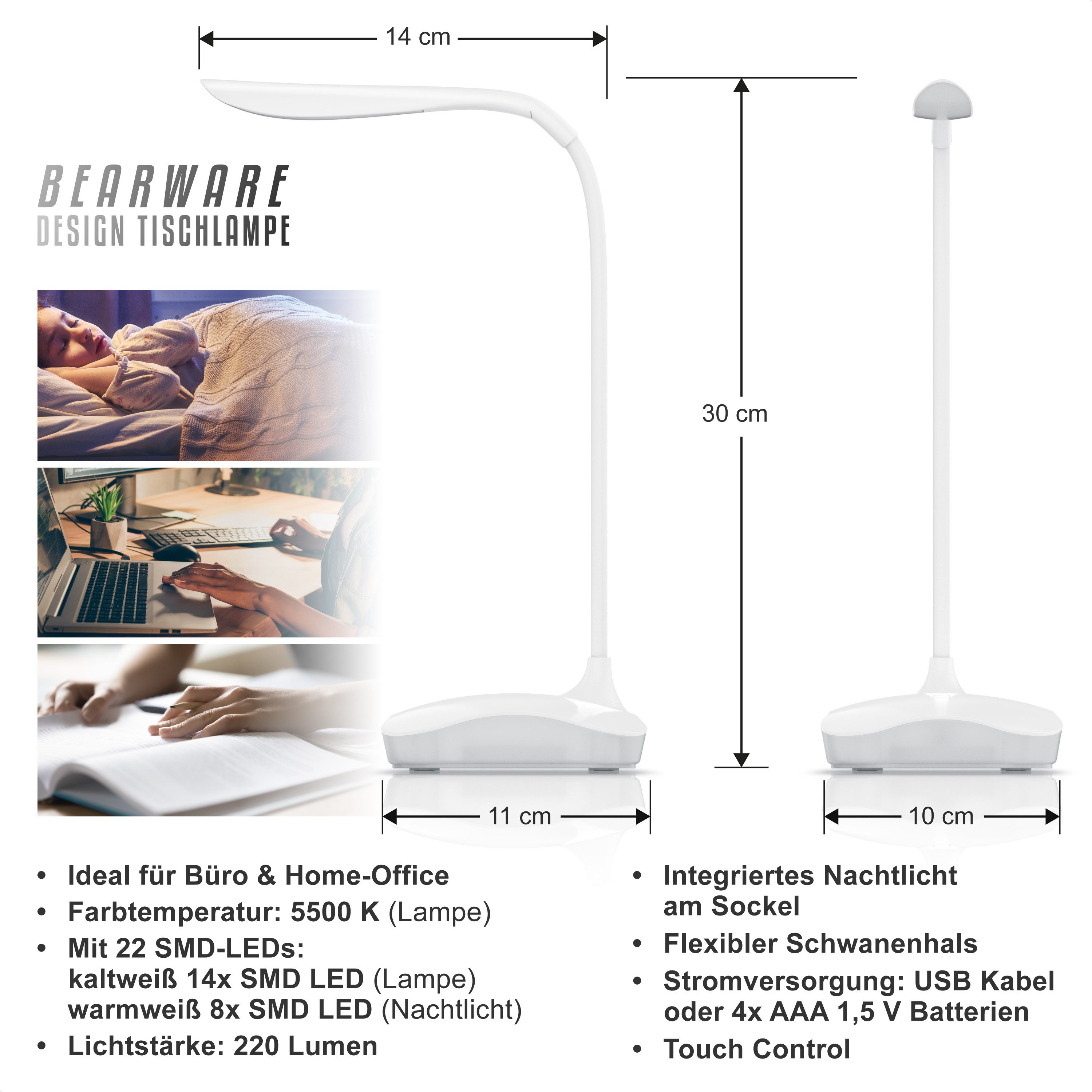 BEARWARE Schreibtischlampe LED Leselampe dimmbar, 3 günstig online kaufen