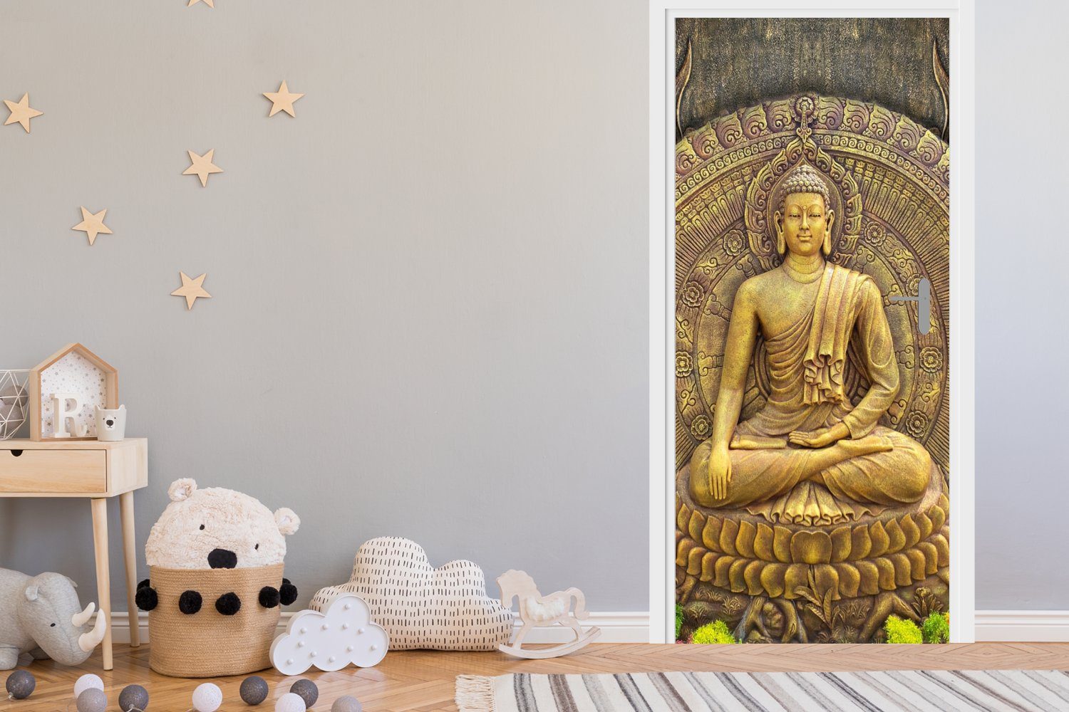 MuchoWow Türtapete Gold - Buddha-Statue 75x205 Türaufkleber, Meditation, bedruckt, Spirituell - St), Tür, (1 Fototapete Matt, für - cm