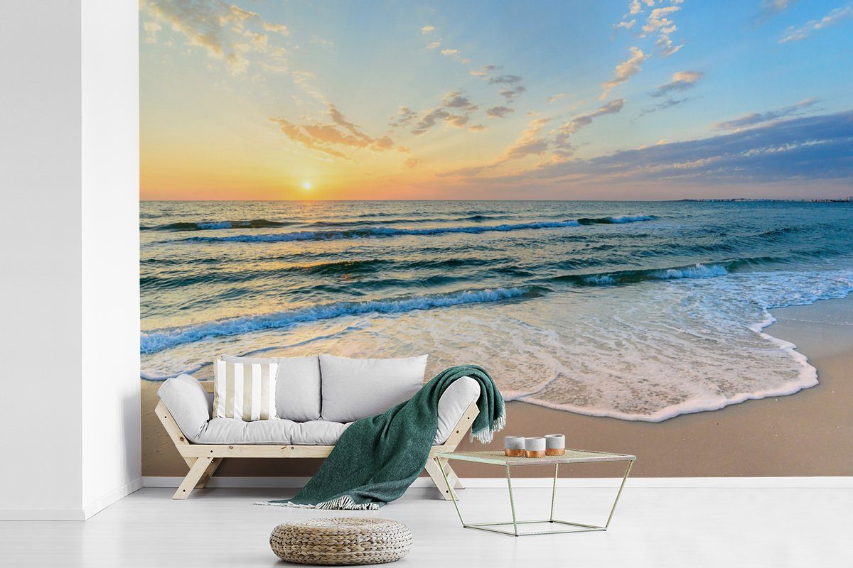 Schlafzimmer, für - Meer St), MuchoWow Strand Kinderzimmer, - Golf, Vinyl Tapete Wallpaper Matt, Fototapete Sonnenuntergang - bedruckt, Wohnzimmer, (6