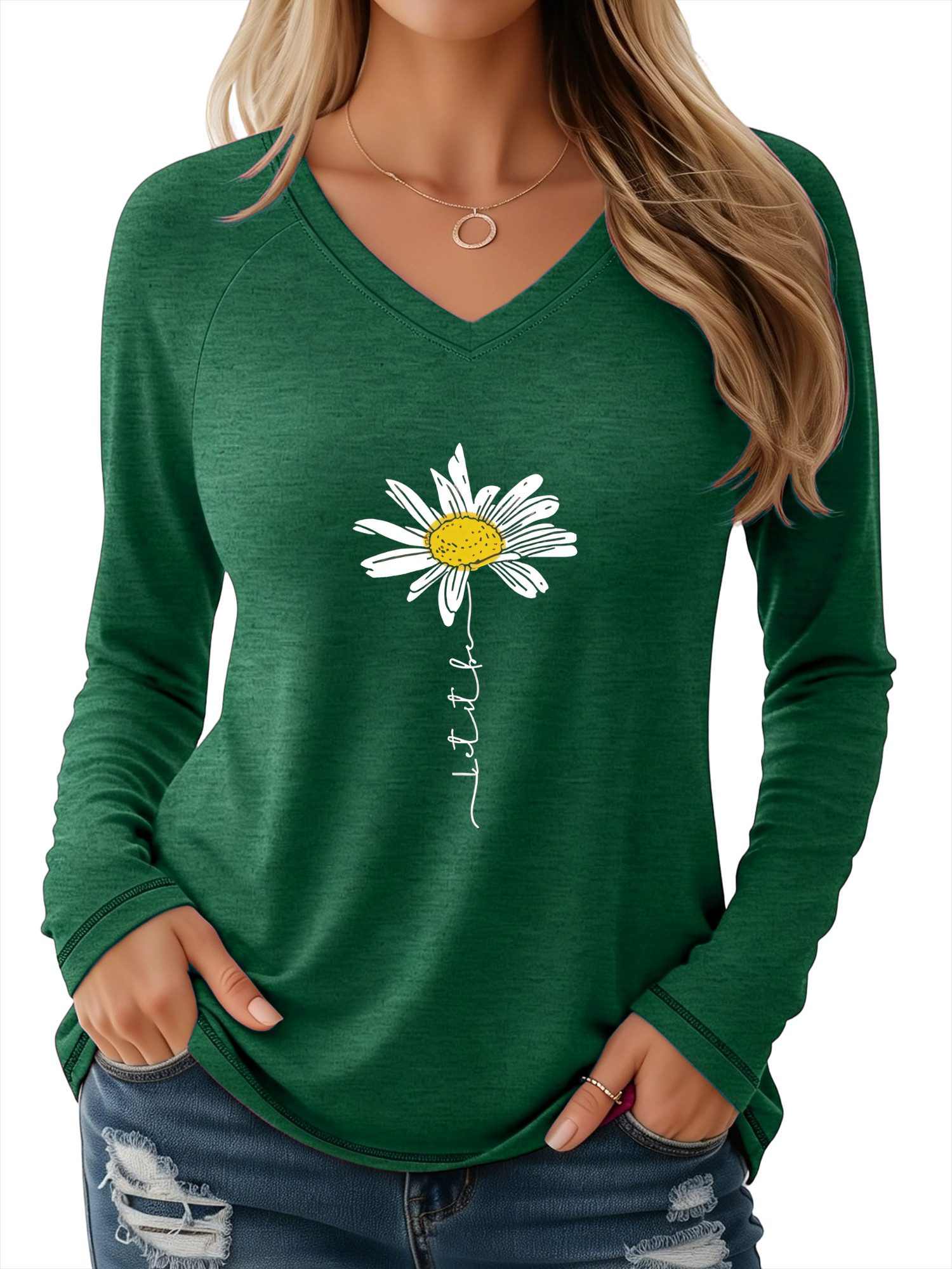 PYLIKE V-Shirt Damen V-Ausschnitt Longsleeve mit Gänseblümchen Print-Shirt