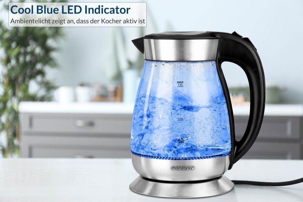 BPA l, LED W, 2200 1.7 Frei Küche Glas Deuba Edelstahl Teekocher Kabellos Wasserkocher, Kalkfilter