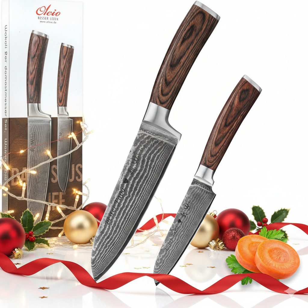Wakoli EDIB Santoku Set I Kochmesser Küchenmesser-Set I 12 und 17cm Klingen (Damastmesser mit Geschenkbox, 2-tlg., 2er Damastmesser-Set), 67 Lagen Damaststahl, VG-10 Stahlkern