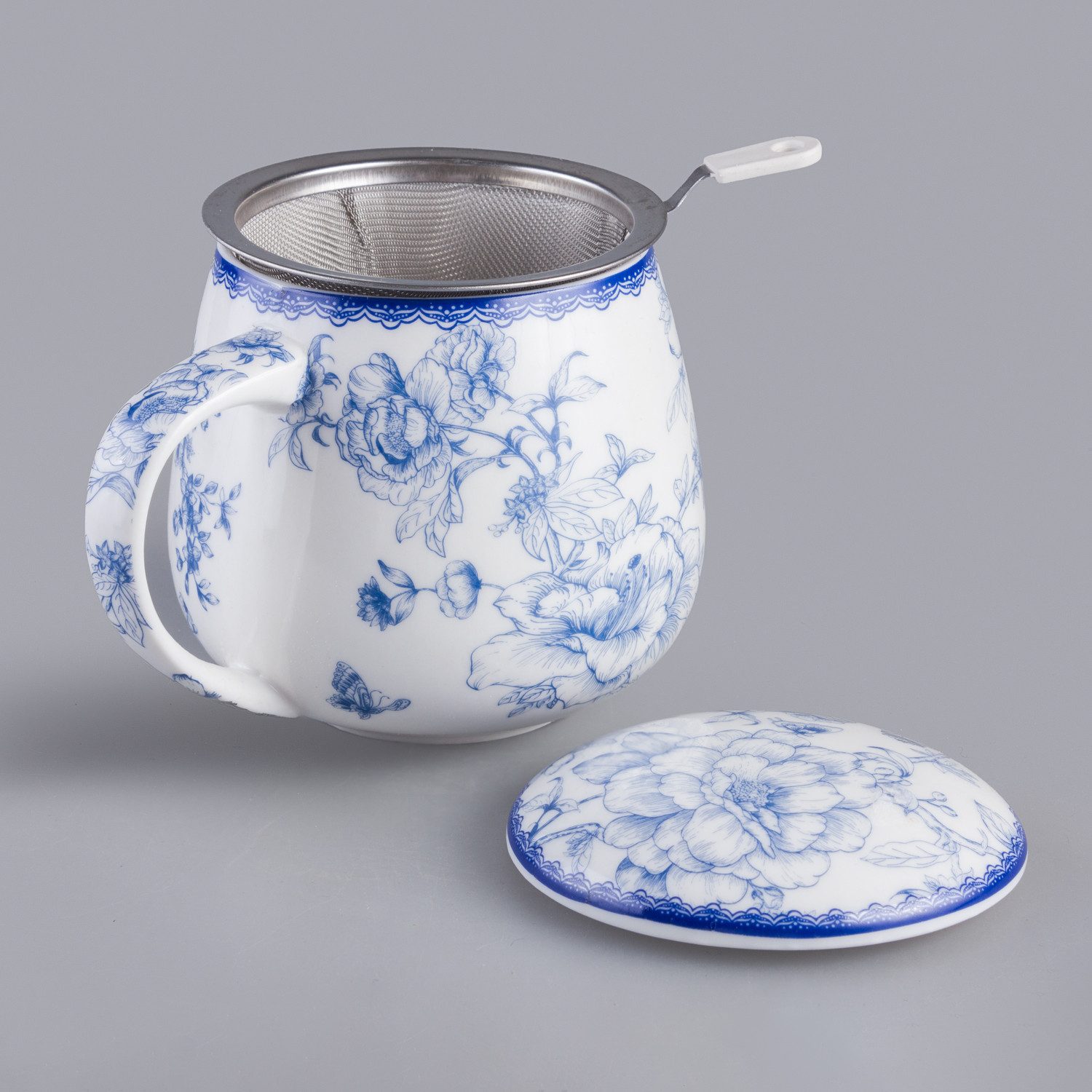Queen Isabell Teeglas Porzellanbecher 450ml mit Sieb, feines Knochenporzellan, Fassungsvermögen: 450 ml