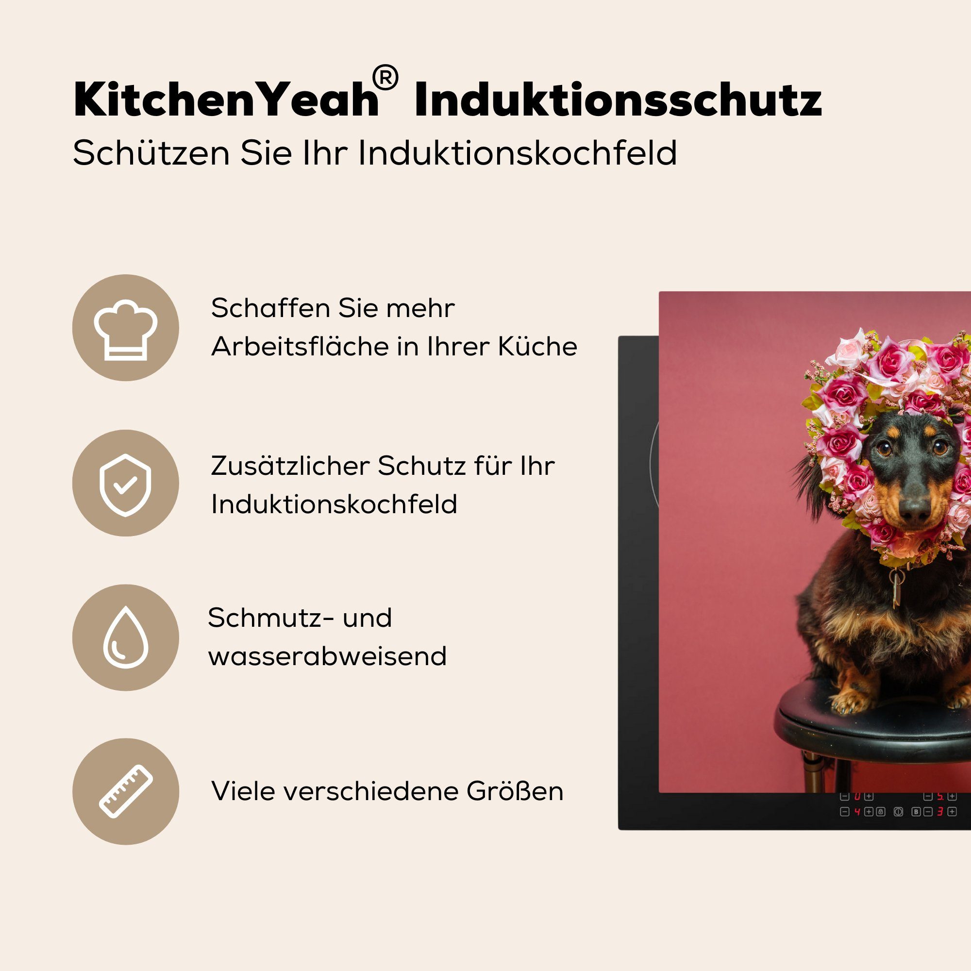 MuchoWow Herdblende-/Abdeckplatte Tier - Blumen - tlg), Vinyl, für 78x78 Arbeitsplatte Hund, (1 Ceranfeldabdeckung, cm, küche