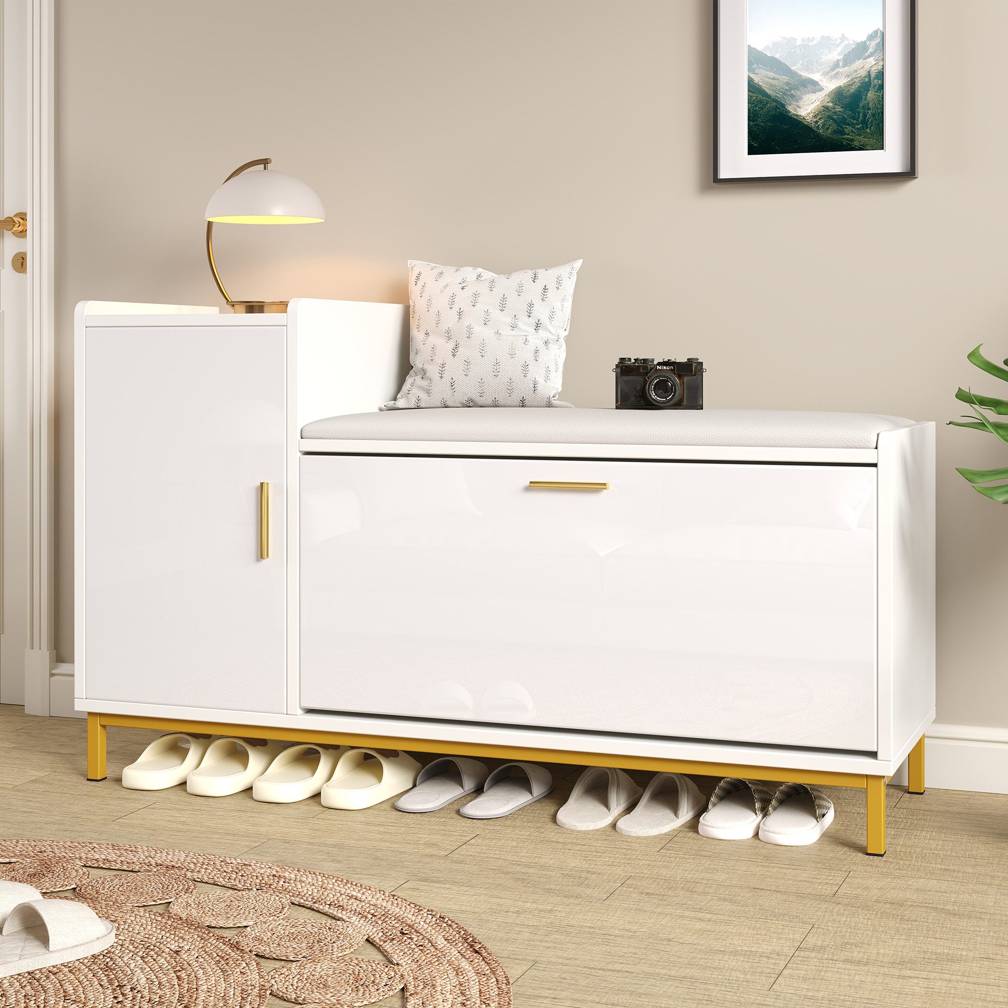 Merax Schuhbank Hochglanz in Weiß und Gold, mit gepolsterter Sitzfläche (100×38×68 cm, 1-St., Schuhbank für Flur, Wohnzimmer oder Büro), Schuhschrank mit 2 Fächern, 1 Schrank & Metallfüße