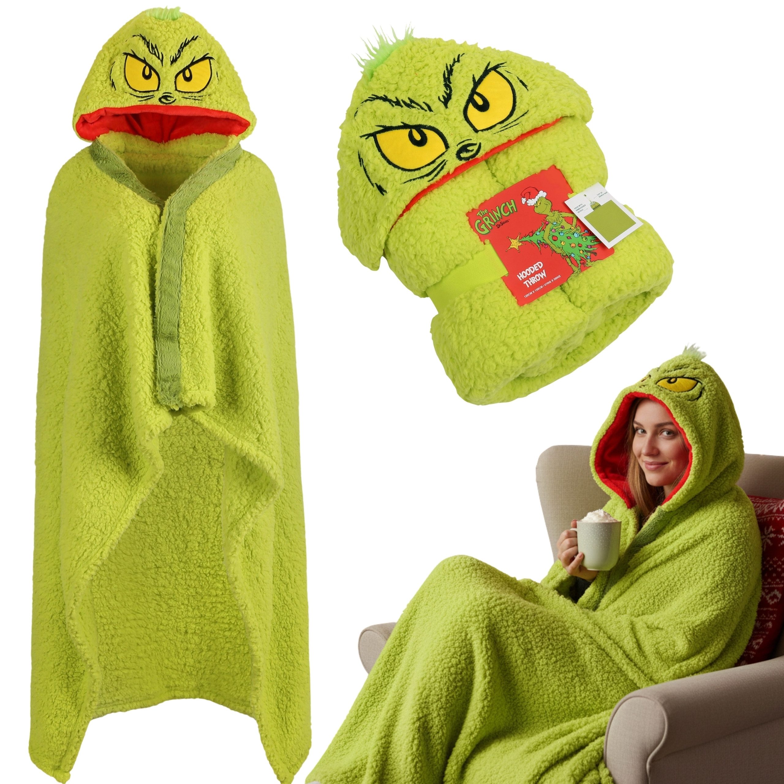 Tagesdecke Grinch grüne warme Sherpa-Kapuzendecke weihnachtlich 120×150 cm