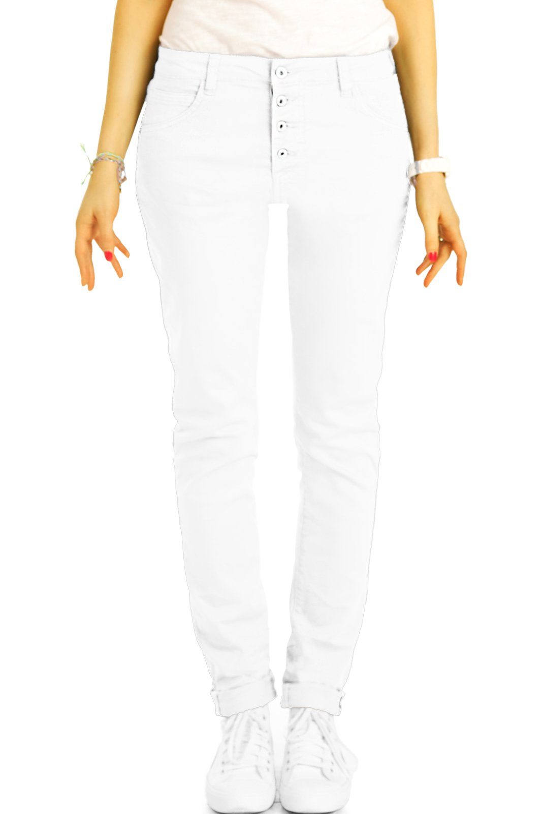 be styled Stoffhose Medium Waist Jeans mit Knopfleiste Boyfriend Hose - Damen - j30L-3 vordere Knopfleiste weiß