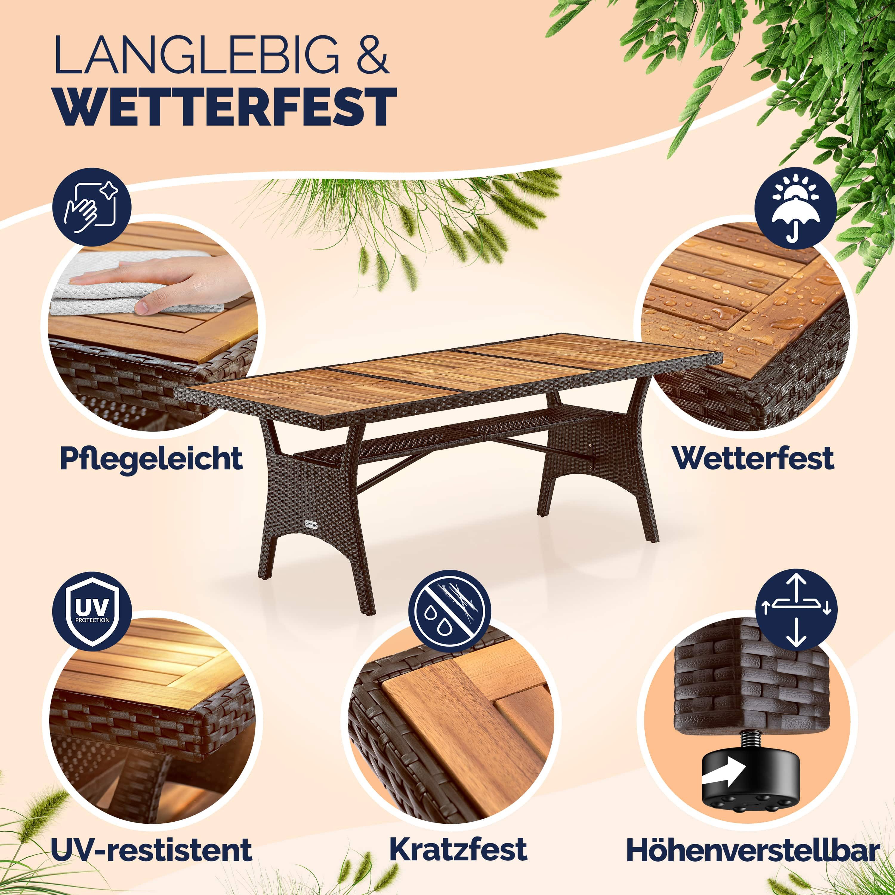 Casaria Gartentisch (1-St), Polyrattan mit Ablage FSC®- zertifiziertes Akazienholz 190x90cm