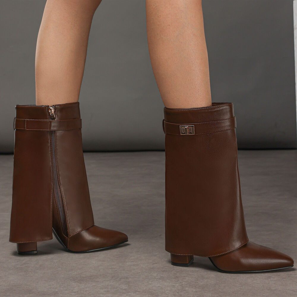 Ital-Design Elegante Stiefeletten mit umgeschlagenem Schaft für Damen High-Heel-Stiefel (90169664) Blockabsatz Stiefel in Braun