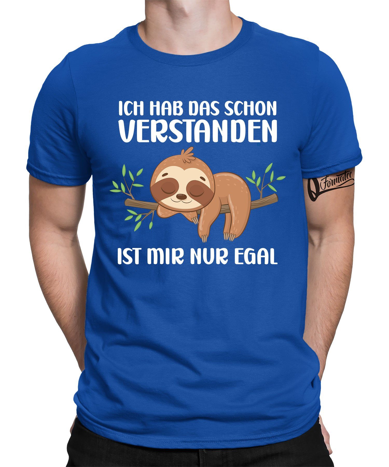 Quattro Formatee Kurzarmshirt Faultier Es ist mir nur egal - Lustiger Spruch Statement Herren T-Shir (1-tlg) Blau