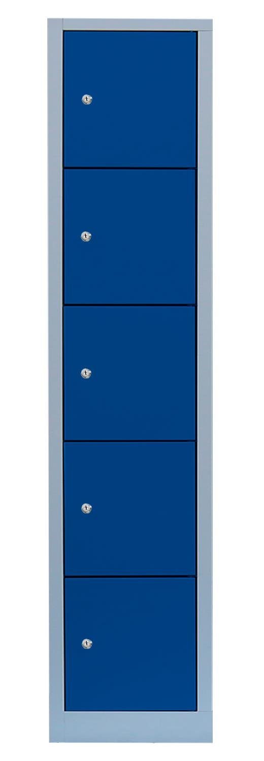 Steelboxx Fächerschrank Schließfachschrank 5 jeweils 7035 RAL mm, Enzianblau Sicherheits-Zylinderschloss mit Abteilbreite Schlüsseln (1-St) 2 passend Lichtgrau ca. montiert, Komplett pro erforderlich, Spind 400 keine Fächerschrank | Türen: Wertfachschrank Fach, Lichtgrau/ RAL Fächer Montage Korpus: Motorradhelme 5010 für