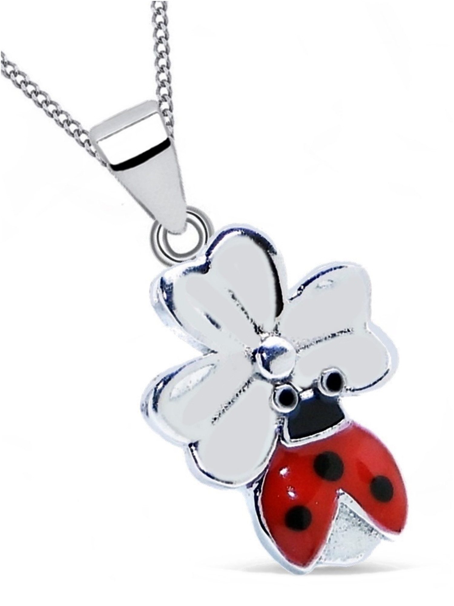 Goldene Hufeisen Kette mit Anhänger Kleeblatt mit Marienkäfer Mädchen, Kinder Halskette Silber 925 (2-tlg, inkl. Etui), Rhodiniert