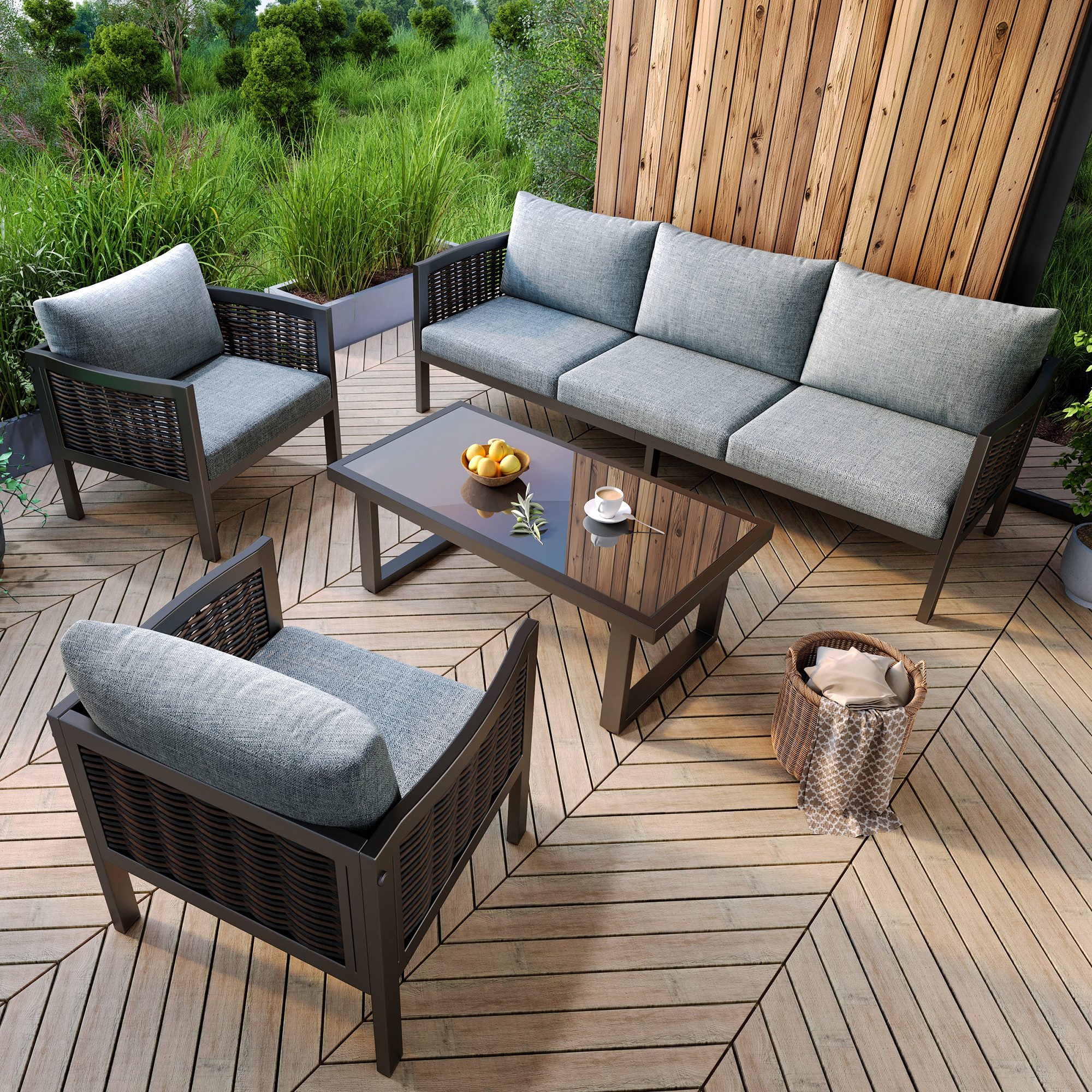 Gartenlounge-Set Gartenmöbel Set mit bequemen Kissen, 3er Sofa, 2 Sessel, Couchtisch