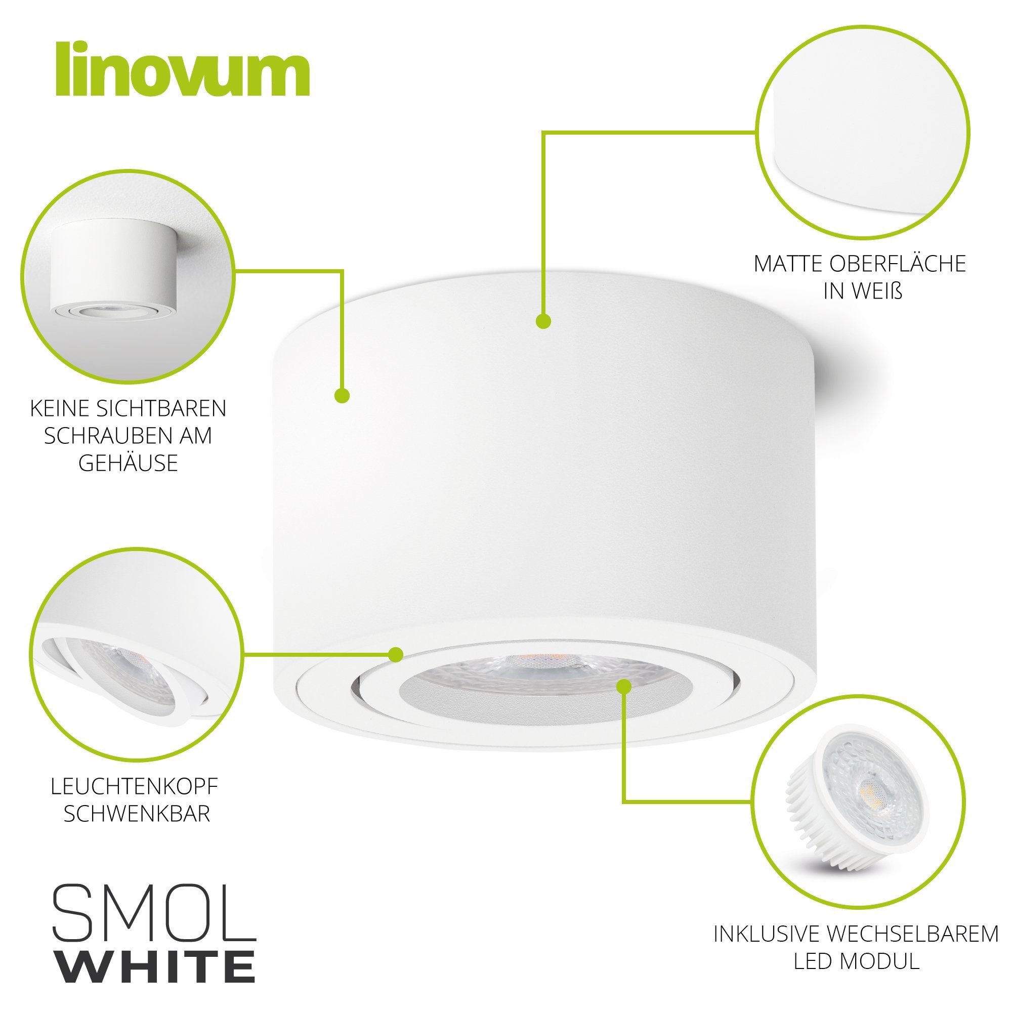 linovum LED Aufbaustrahler Aufbauleuchte warmweiss, matt weiss rund & in inklusive, 5W SMOL schwenkbar Leuchtmittel LED inklusive Leuchtmittel