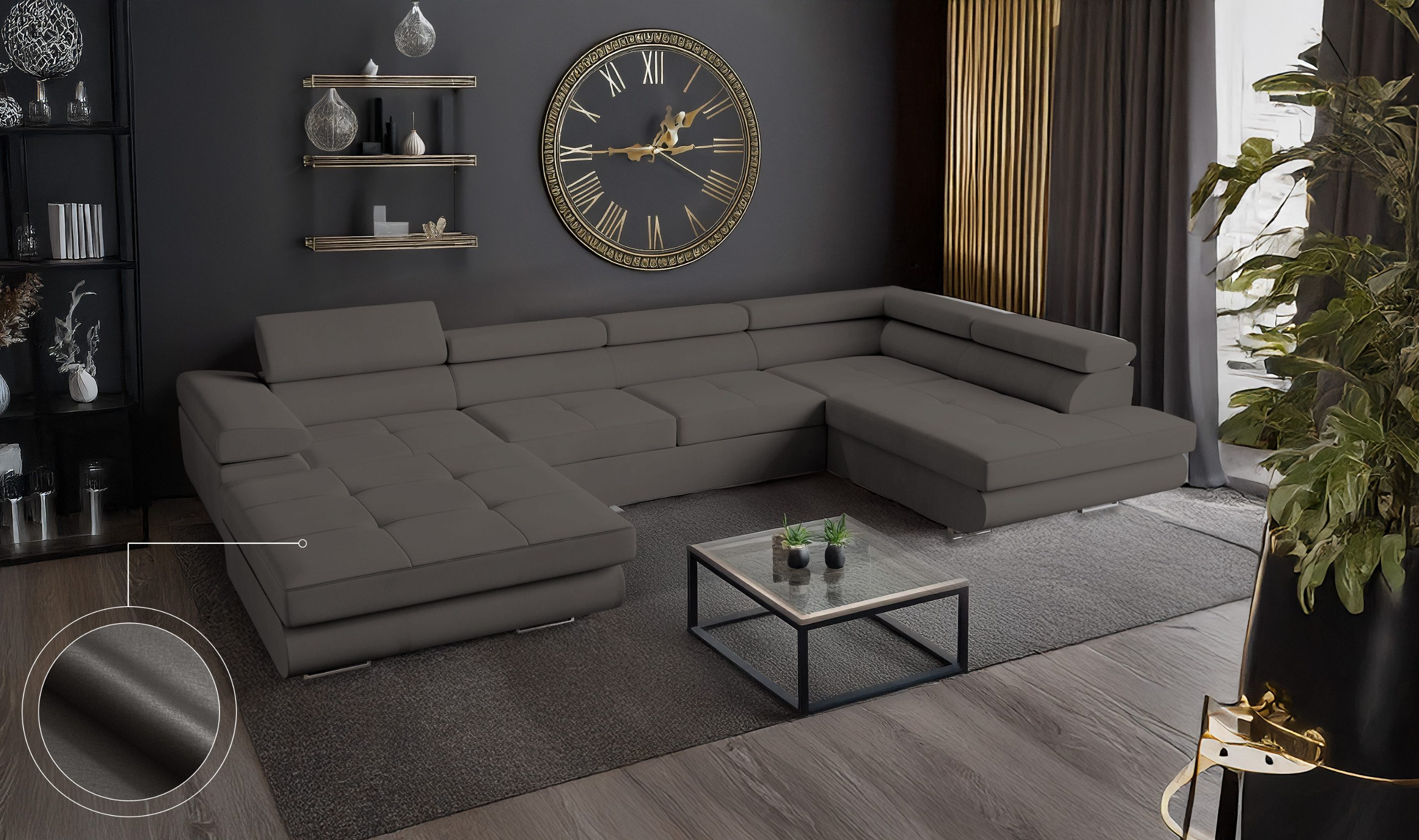 Goldstoff Wohnlandschaft mit Schlaffunktion, Couch für Wohnzimmer - Schlafsofa - Eckcouch, VENUS - Sofa U Form, Ecksofa mit Schlaffunktion und Bettkasten in grau