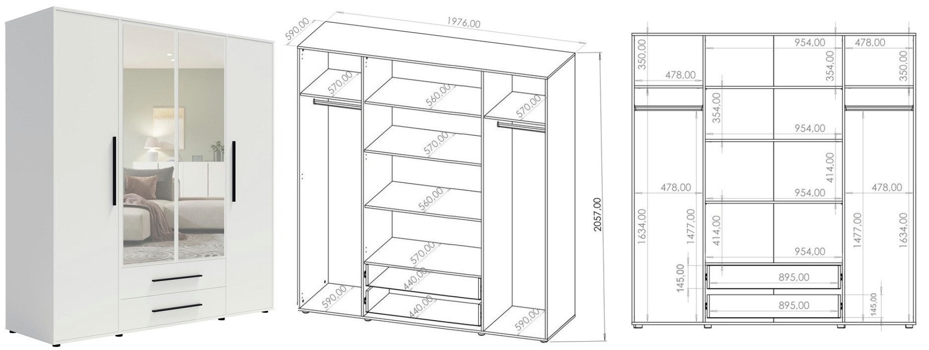Marmex Möbel Spiegelschrank MAXIONE 13 Drehtürenschrank Kleiderschrank 197,6 x 205,7 x 59 Schubladen, Spiegeltüren ohne Griff – „Push-to-Open“