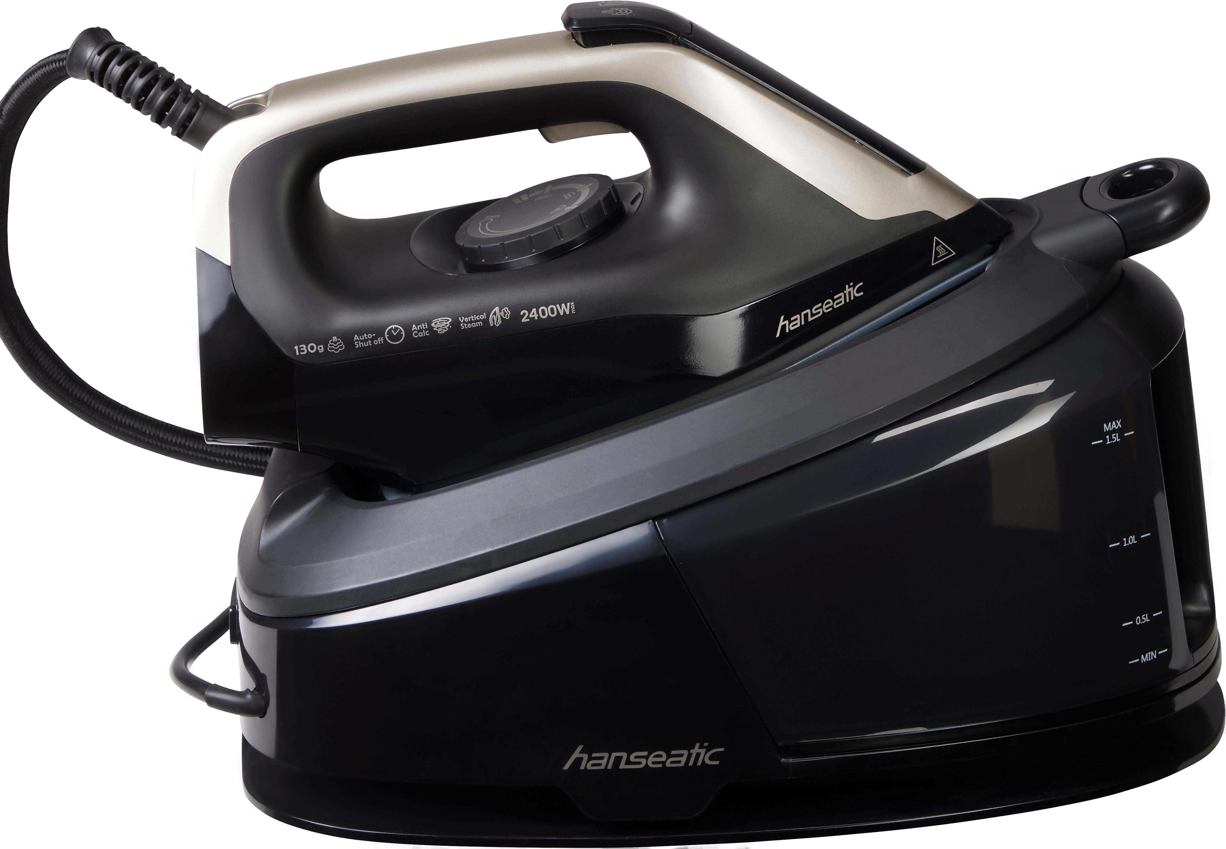 Hanseatic Dampfbügelstation und Dampfbürste, Dampfbügelstation 8 bar Dampfdruck, Abschaltautomatik, 1500 ml Wassertank, nur 90 Sekunden Aufheizzeit, 130g/min Dauerdampfmenge