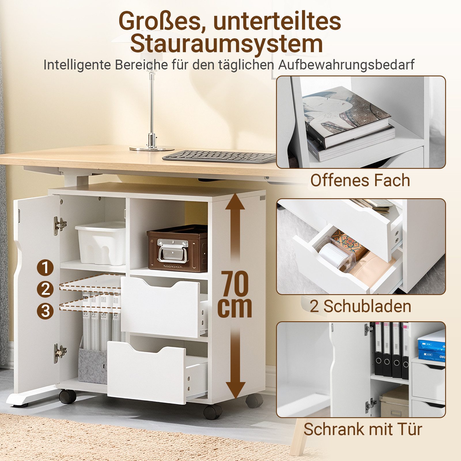 SoBuy Druckertisch FBT105, Schreibtisch Unterschrank, mit 2 Schubladen, Aktenschrank Rollcontainer Beistellwagen, auf Rollen
