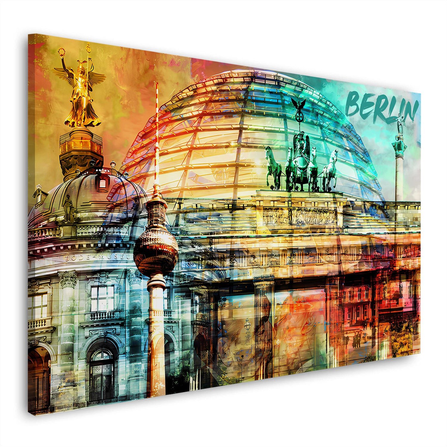 Artedinoi Leinwandbild Städte Berlin Pop Art Architektur Wandbild Leinwandbild Kunstdruck XL, Berliner Architektur, bunt